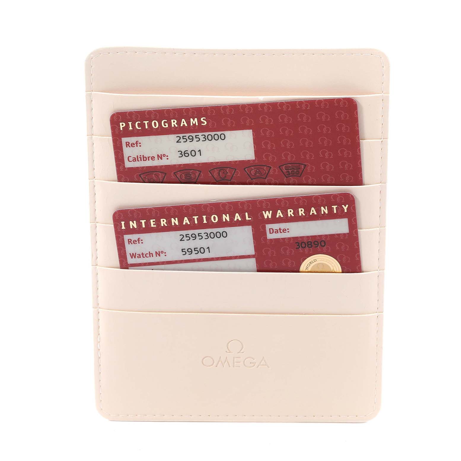 The image shows the warranty cards and documentation holder for the Omega Seamaster 2595.30.00 Men's Stainless Steel Silver Dial 2595.30.00 Men's Stainless Steel Silver Dial watch.