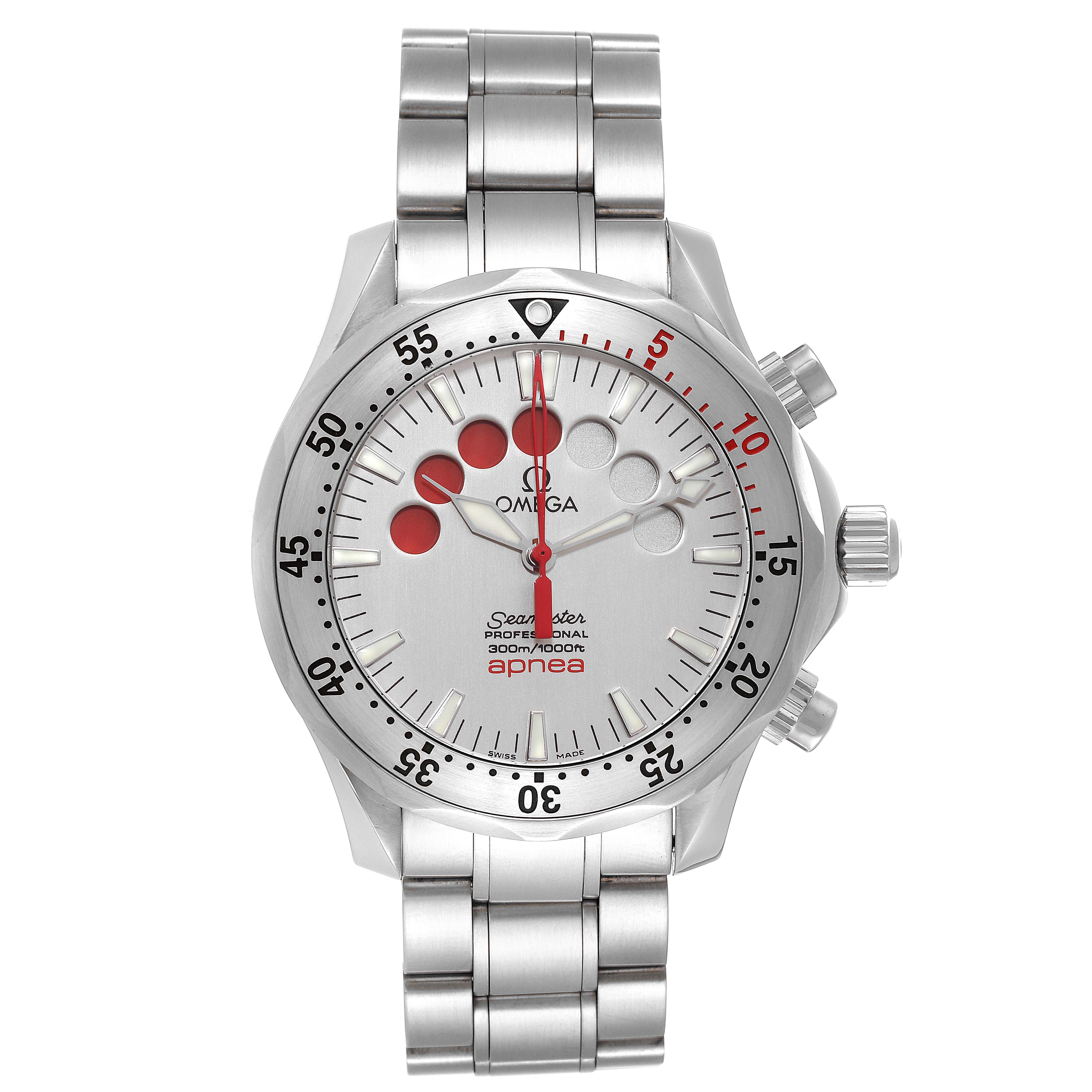 This image shows a frontal view of the Omega Seamaster 2595.30.00 Men's Stainless Steel Silver Dial 2595.30.00 Men's Stainless Steel Silver Dial watch, detailing its face, bezel, and bracelet.