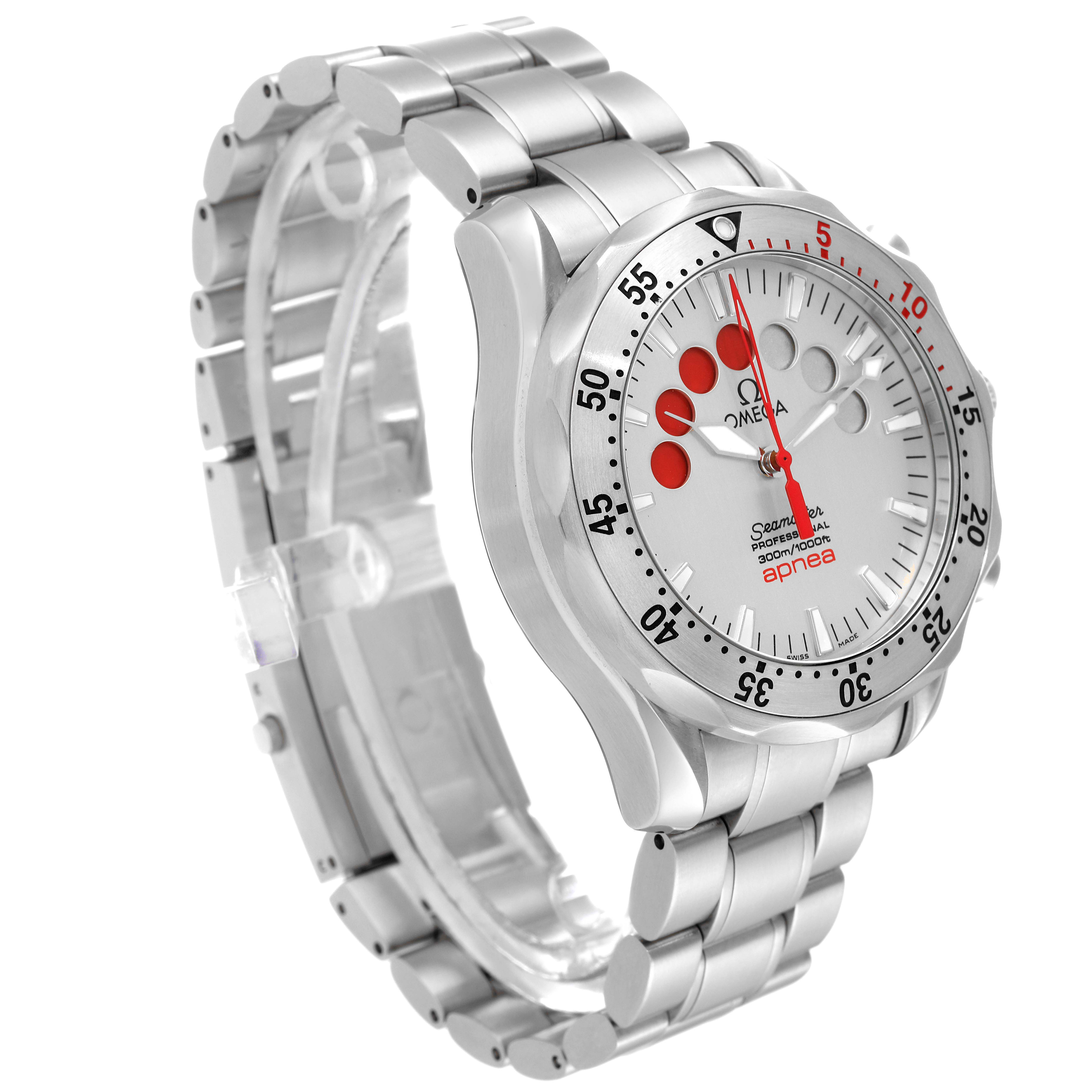 The Omega Seamaster 2595.30.00 Men's Stainless Steel Silver Dial 2595.30.00 Men's Stainless Steel Silver Dial watch is shown at a three-quarter angle, highlighting the dial, bezel, and stainless steel bracelet.