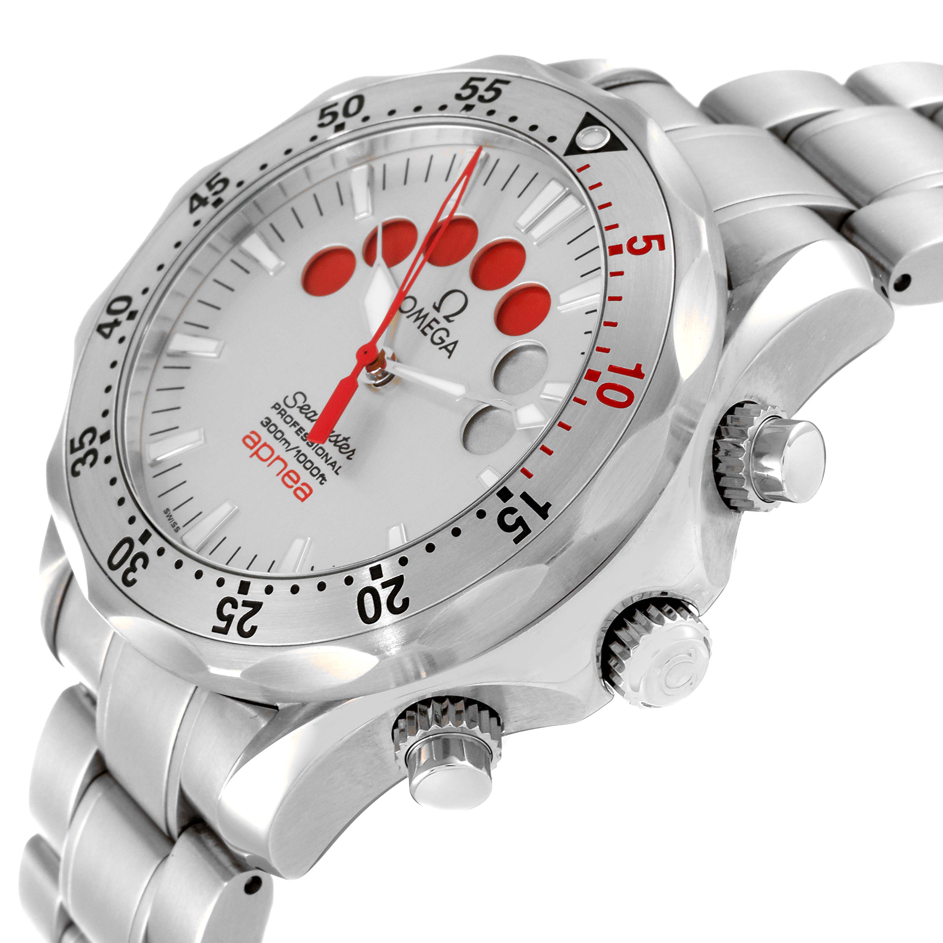The Omega Seamaster 2595.30.00 Men's Stainless Steel Silver Dial 2595.30.00 Men's Stainless Steel Silver Dial Apnea watch is displayed at an angle showing the dial, bezel, crown, and part of the bracelet.