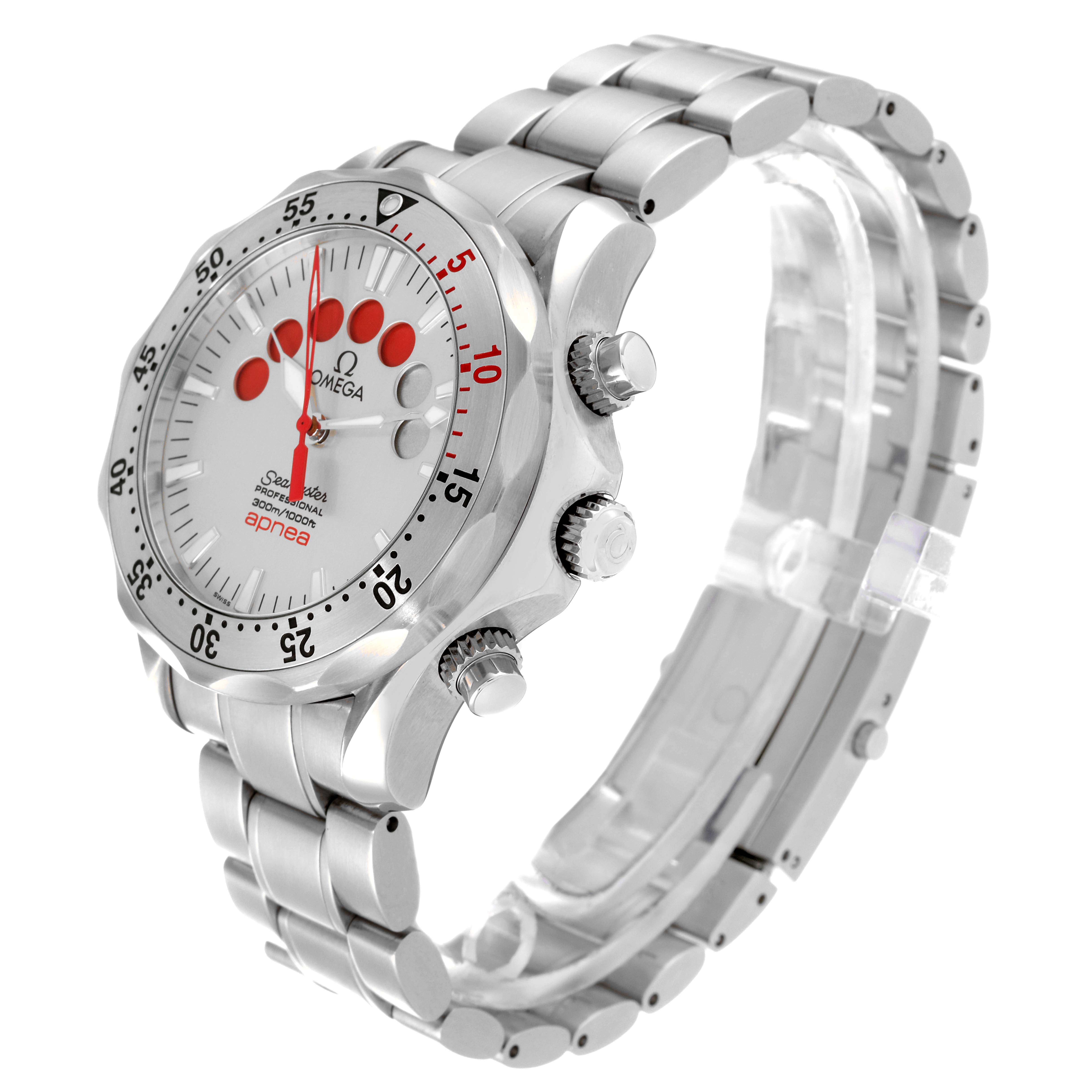 The Omega Seamaster 2595.30.00 Men's Stainless Steel Silver Dial 2595.30.00 Men's Stainless Steel Silver Dial watch is shown at a three-quarter angle, highlighting its dial, bezel, crown, and stainless steel bracelet.