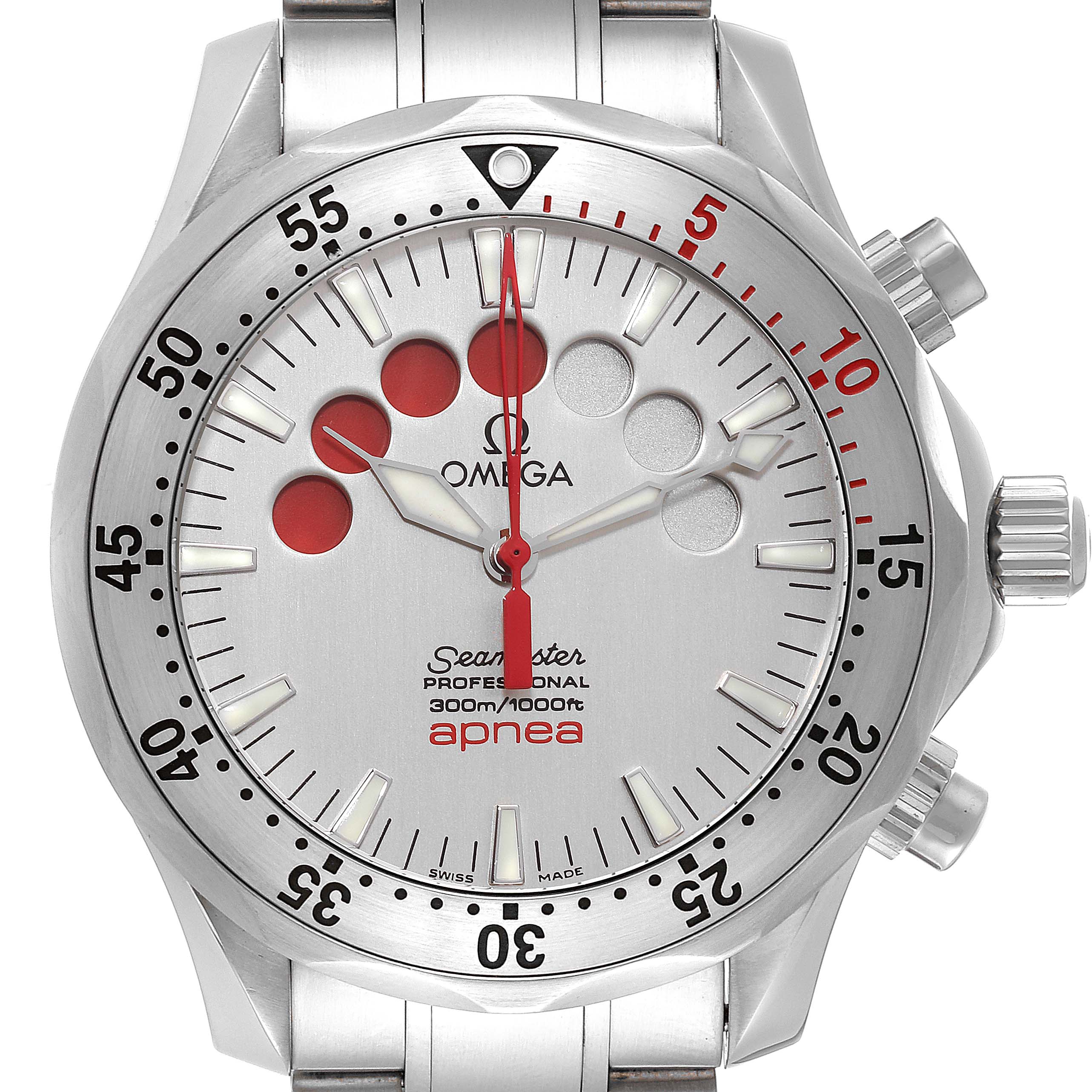 The image shows a front view of the Omega Seamaster 2595.30.00 Men's Stainless Steel Silver Dial 2595.30.00 Men's Stainless Steel Silver Dial watch, highlighting the bezel, dial, and buttons.