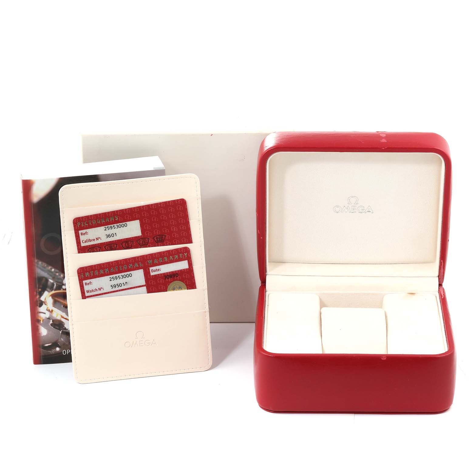 The image shows an Omega Seamaster 2595.30.00 Men's Stainless Steel Silver Dial 2595.30.00 Men's Stainless Steel Silver Dial watch box, warranty cards, and an owner's manual at a frontal angle.