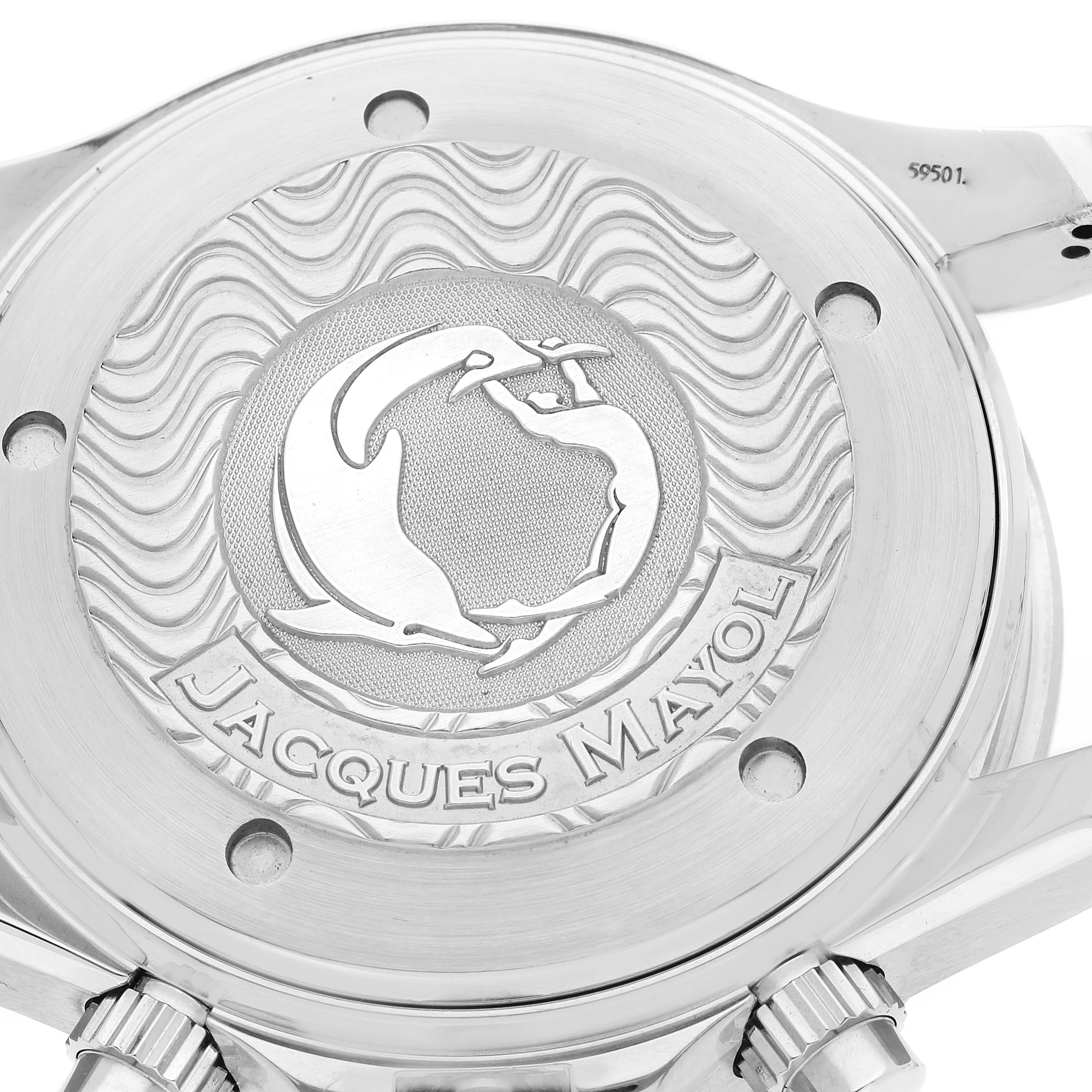 The image shows the back case of the Omega Seamaster 2595.30.00 Men's Stainless Steel Silver Dial 2595.30.00 Men's Stainless Steel Silver Dial model, featuring the Jacques Mayol engraving.