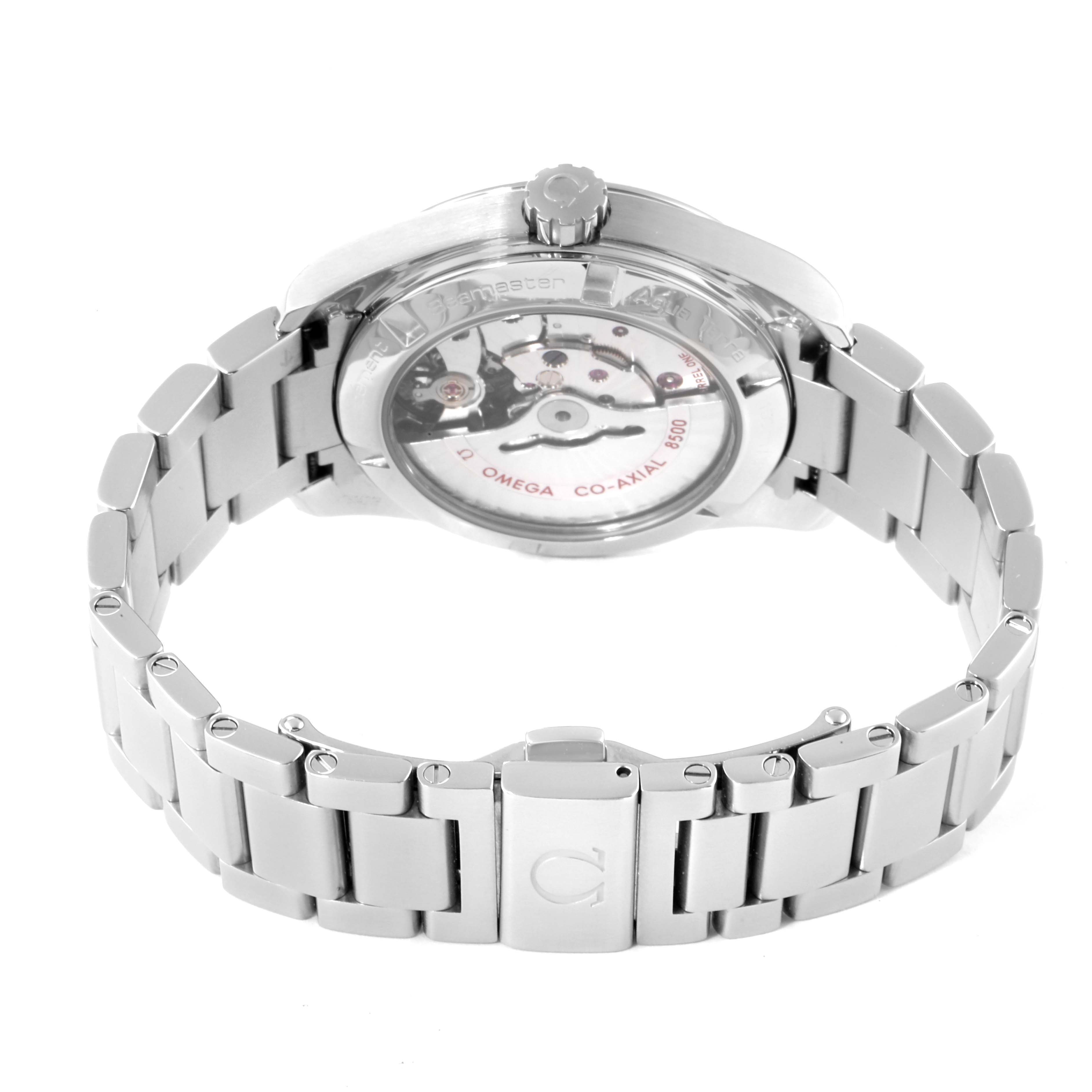 The image shows the back view of the Omega Aqua Terra 231.10.39.21.03.001 Men
s Stainless Steel Blue Dial 231.10.39.21.03.001 Men
s Stainless Steel Blue Dial watch, highlighting its transparent case back and metal bracelet.