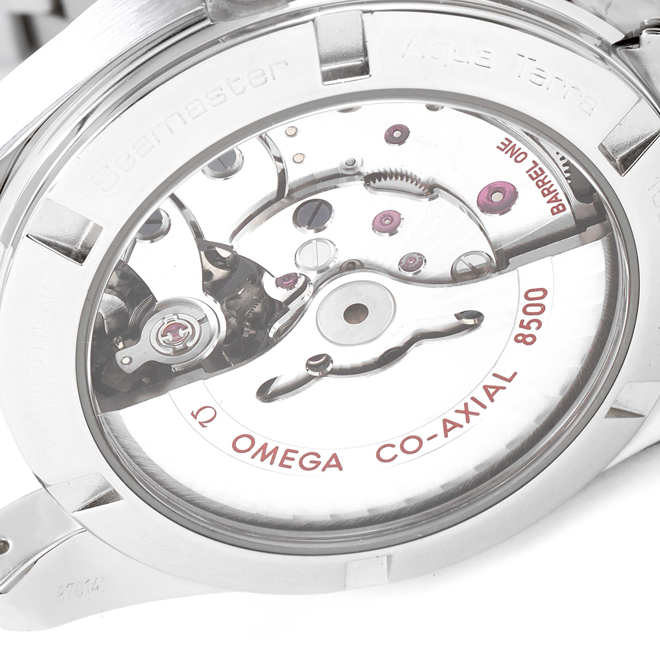 This image shows the back view of the Omega Seamaster Aqua Terra watch, highlighting its Co-Axial 8500 movement.