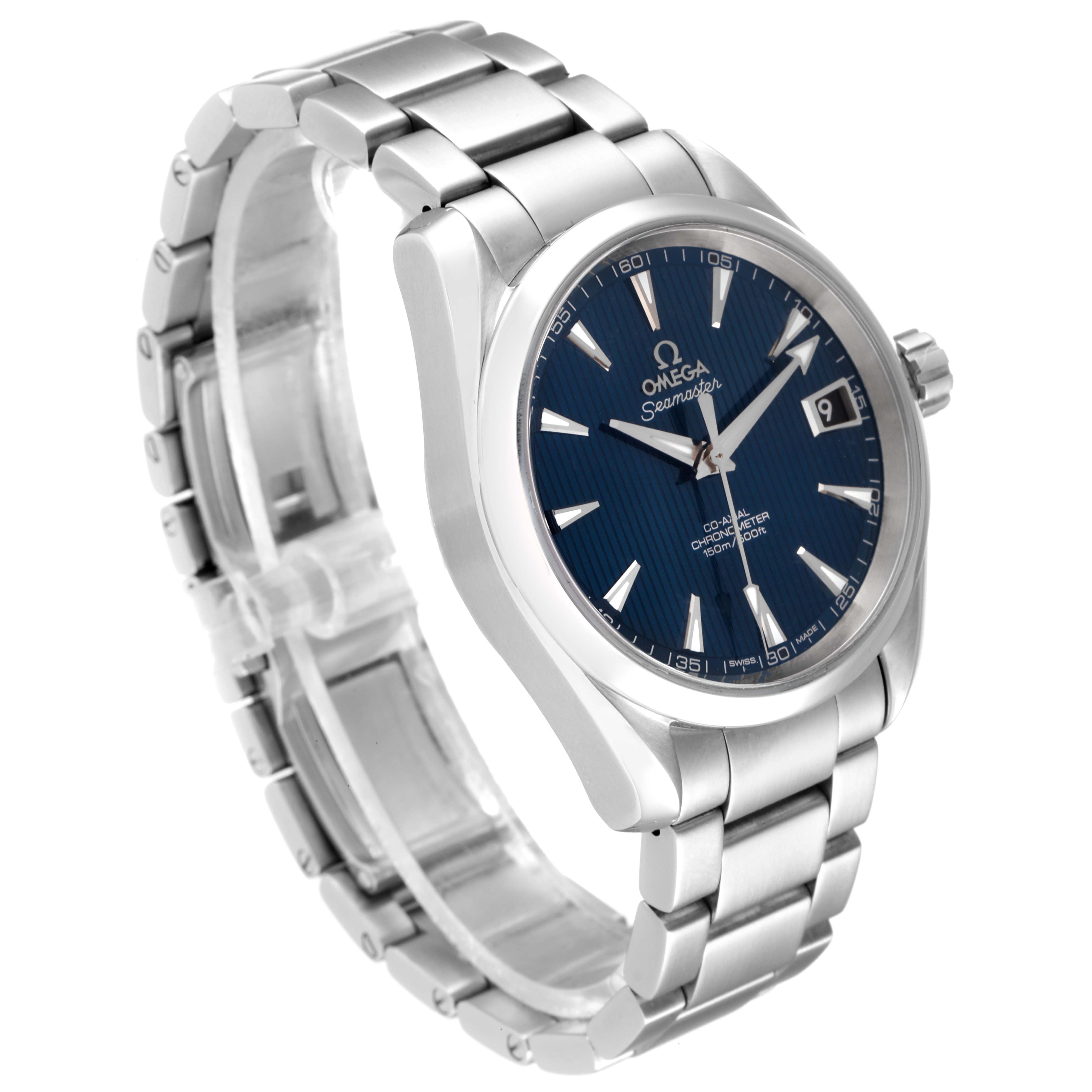The Omega Aqua Terra 231.10.39.21.03.001 Men
s Stainless Steel Blue Dial 231.10.39.21.03.001 Men
s Stainless Steel Blue Dial watch is shown at a three-quarter angle, highlighting its dial, bracelet, and side crown.