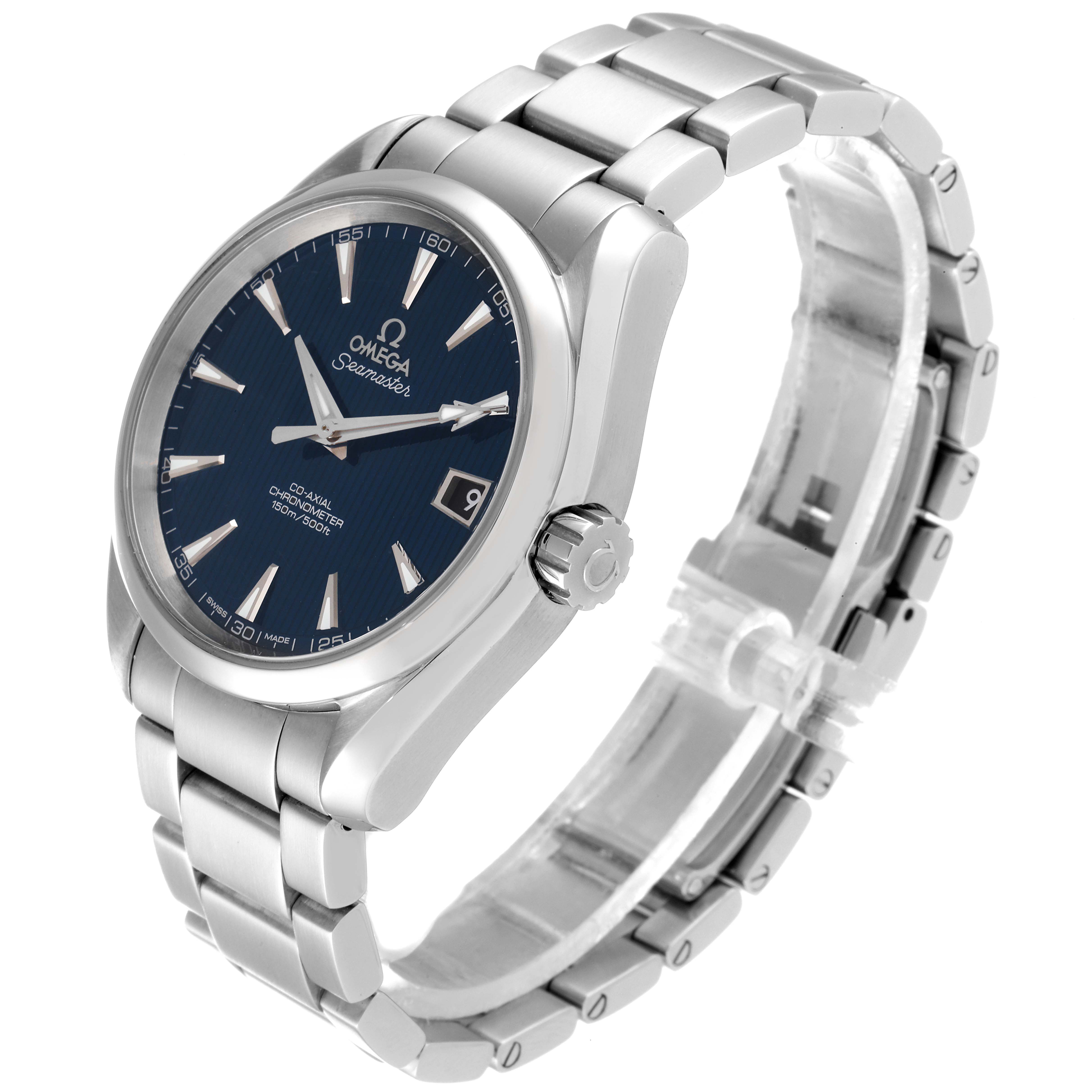 The Omega Aqua Terra 231.10.39.21.03.001 Men
s Stainless Steel Blue Dial 231.10.39.21.03.001 Men
s Stainless Steel Blue Dial watch is shown from a front-side angle, highlighting its blue dial, metal bracelet, and crown.