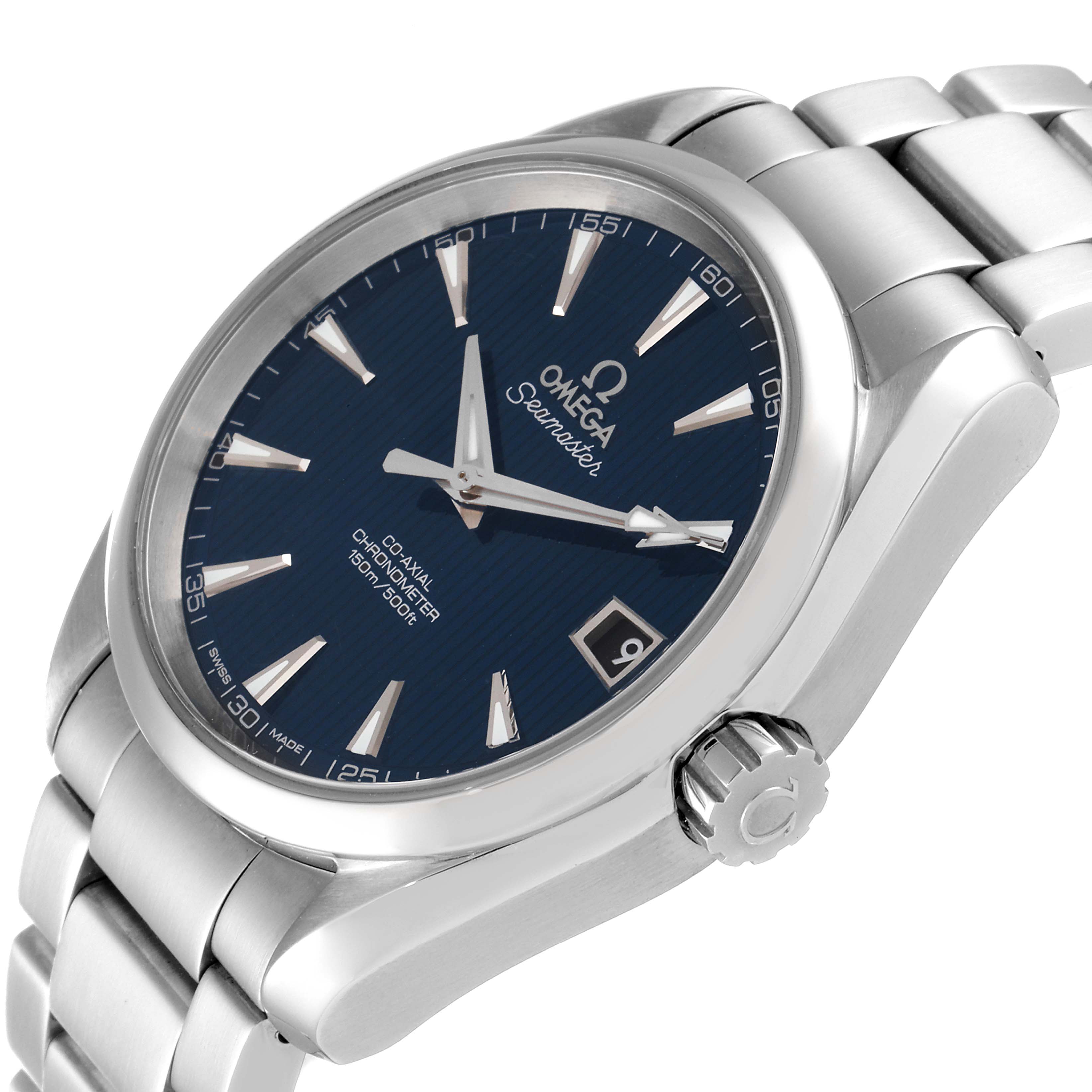 The image shows an angled view of the Omega Aqua Terra 231.10.39.21.03.001 Men
s Stainless Steel Blue Dial 231.10.39.21.03.001 Men
s Stainless Steel Blue Dial watch, highlighting the face, bezel, crown, and part of the bracelet.