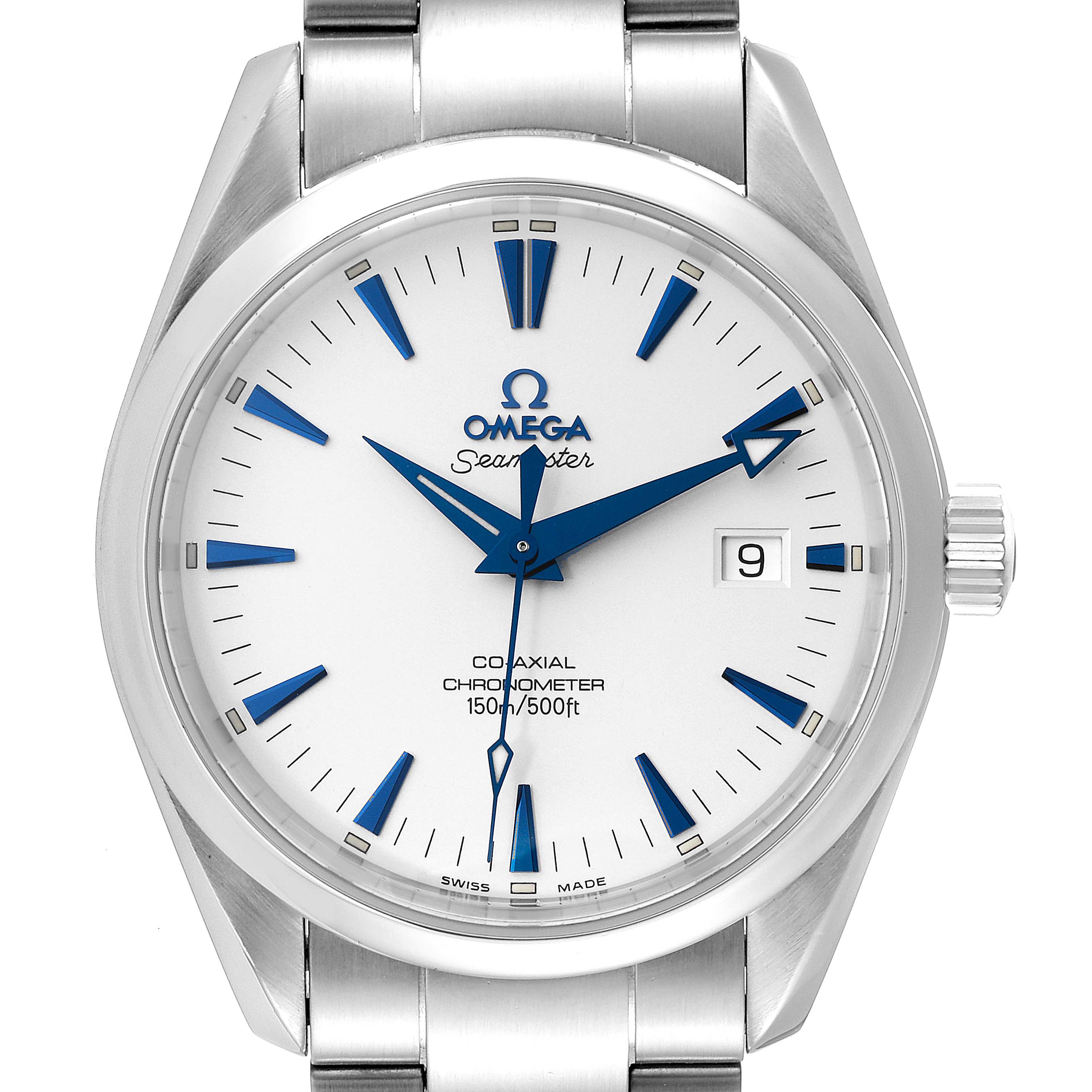 The image shows a front view of an Omega Aqua Terra 2503.33.00 Men
s Stainless Steel Silver Dial 2503.33.00 Men
s Stainless Steel Silver Dial watch with a white dial and blue hour markers and hands.
