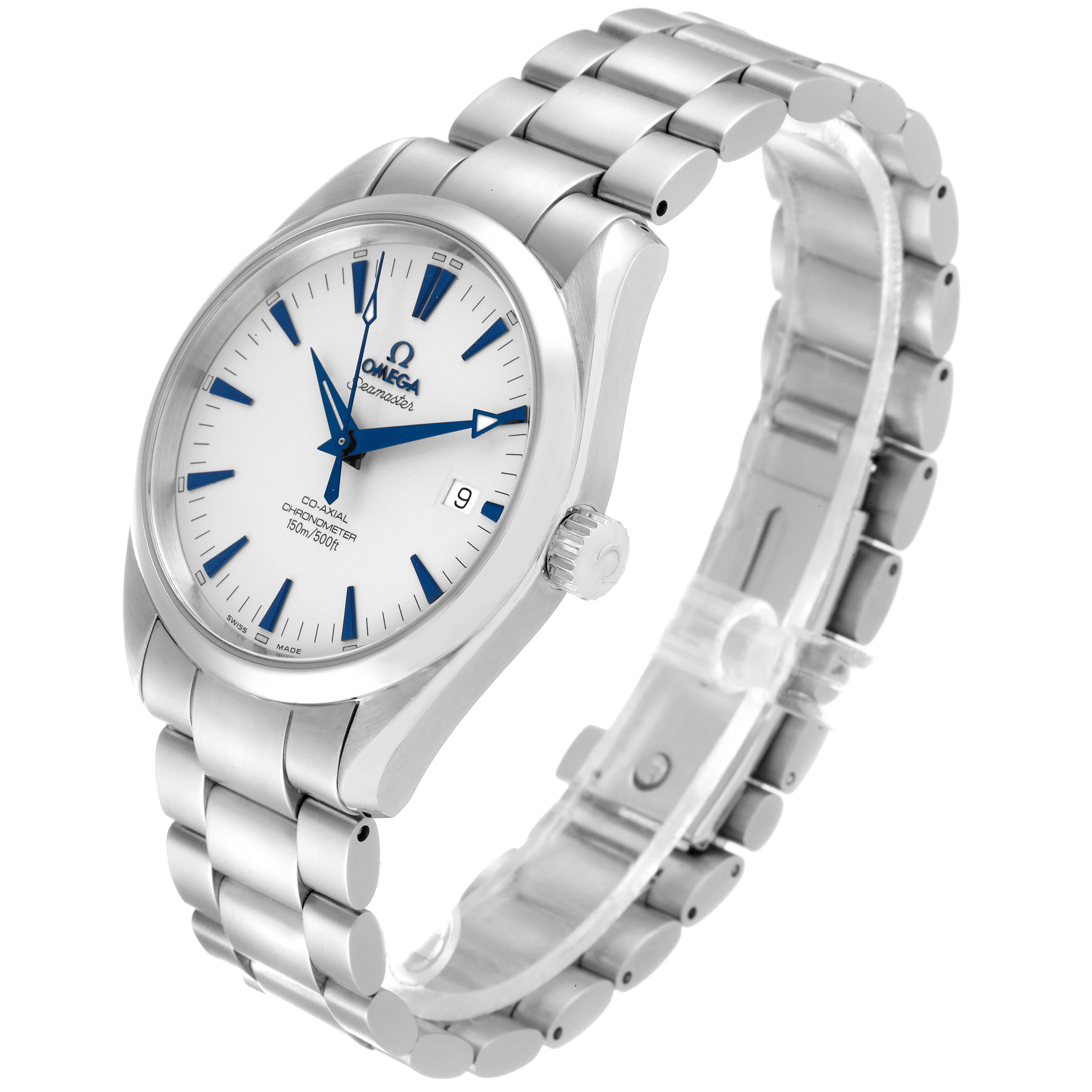 This image displays the Omega Aqua Terra 2503.33.00 Men
s Stainless Steel Silver Dial 2503.33.00 Men
s Stainless Steel Silver Dial watch at an angle, showcasing its face, bracelet, and crown.