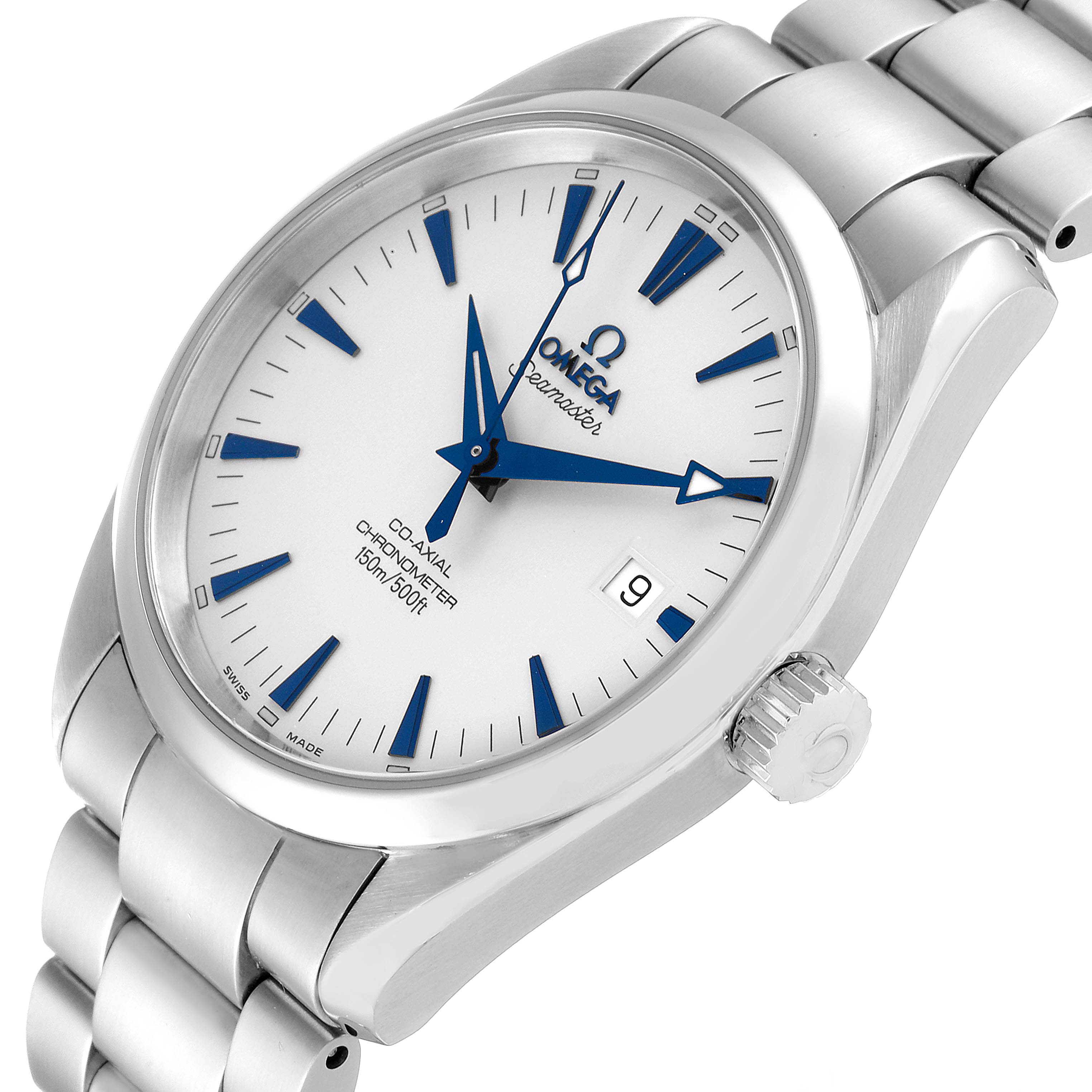 This image shows an Omega Aqua Terra 2503.33.00 Men
s Stainless Steel Silver Dial 2503.33.00 Men
s Stainless Steel Silver Dial watch at a three-quarter top-down angle, highlighting the face, bezel, and part of the bracelet.