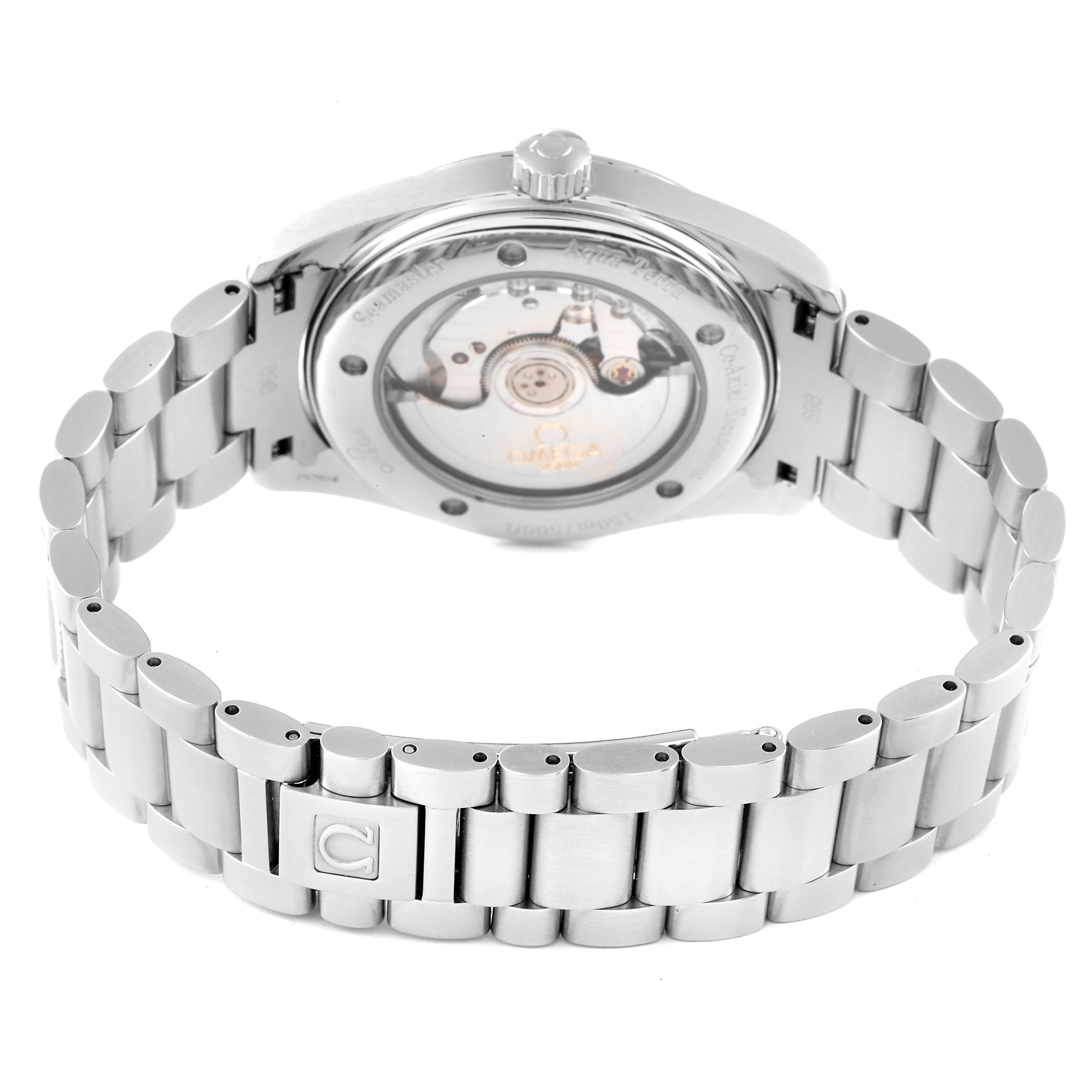 This image shows the back and bracelet of the Omega Aqua Terra 2503.33.00 Men
s Stainless Steel Silver Dial 2503.33.00 Men
s Stainless Steel Silver Dial watch, highlighting its open case back and stainless steel strap.