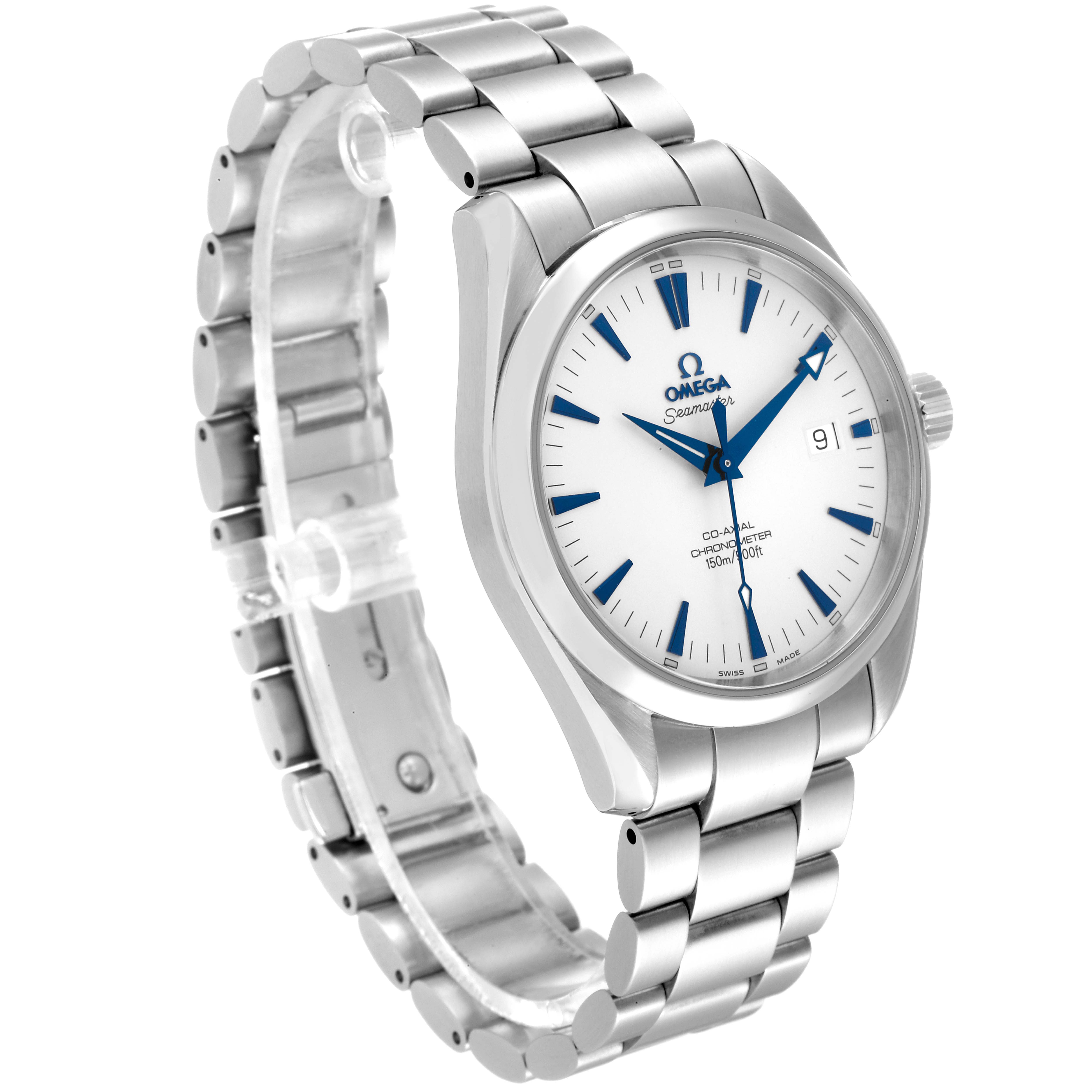 The image shows an angled view of the Omega Aqua Terra 2503.33.00 Men
s Stainless Steel Silver Dial 2503.33.00 Men
s Stainless Steel Silver Dial watch, highlighting the bracelet, case, dial, and crown.