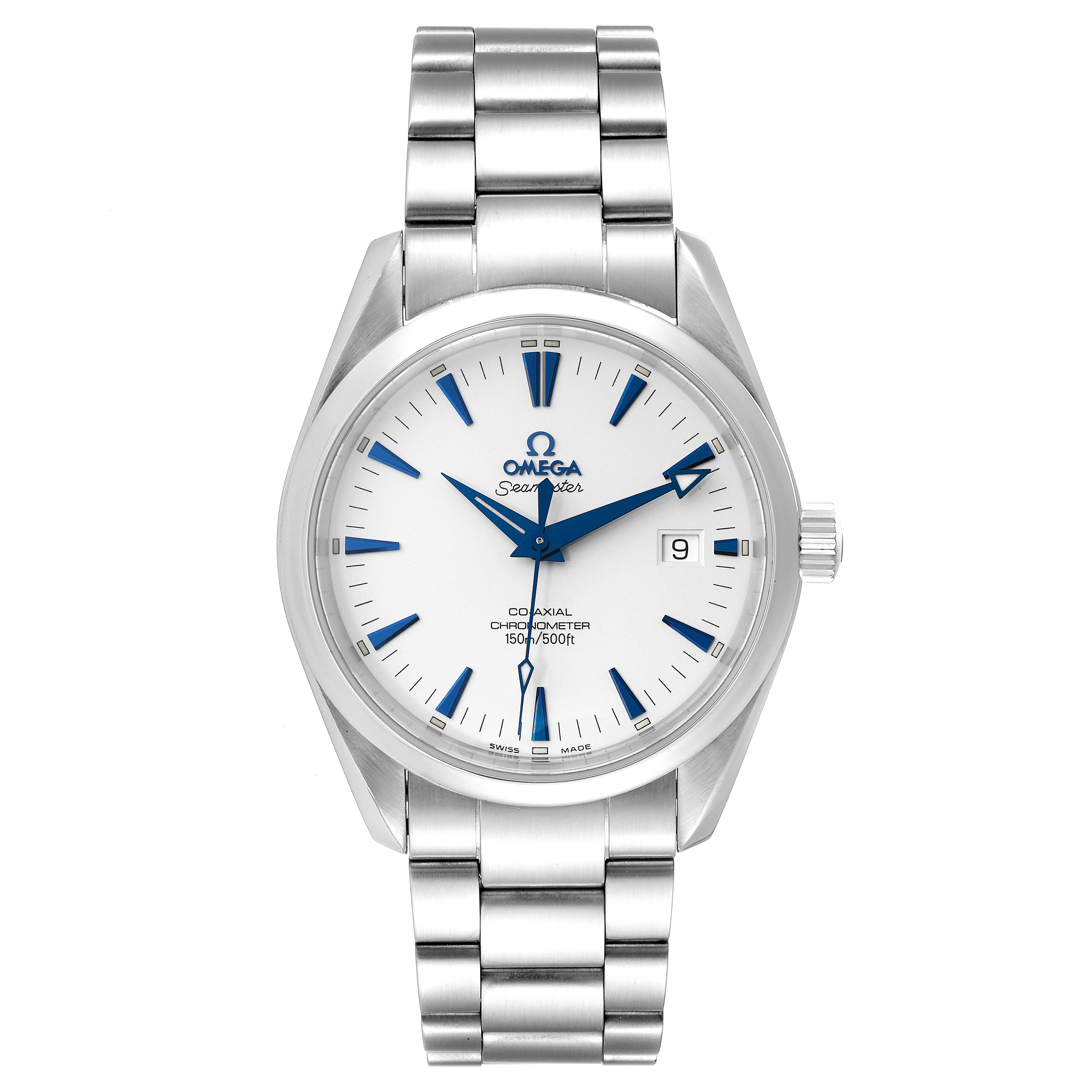 The Omega Aqua Terra 2503.33.00 Men
s Stainless Steel Silver Dial 2503.33.00 Men
s Stainless Steel Silver Dial watch is shown from the front with a metal bracelet, white dial, and blue hour markers.