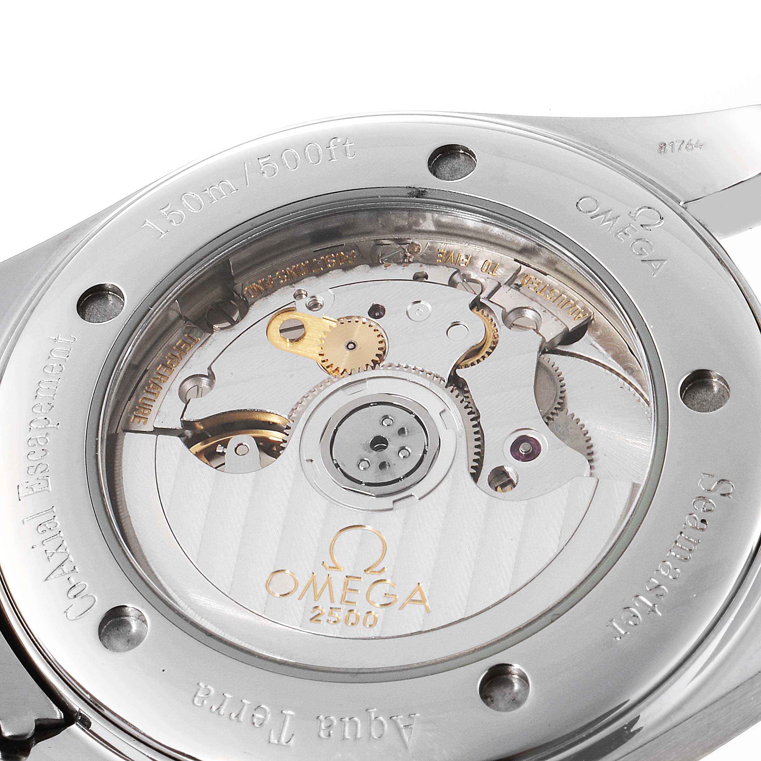 This image shows the back view of the Omega Aqua Terra 2503.33.00 Men
s Stainless Steel Silver Dial 2503.33.00 Men
s Stainless Steel Silver Dial watch, highlighting its Co-Axial Escapement movement.
