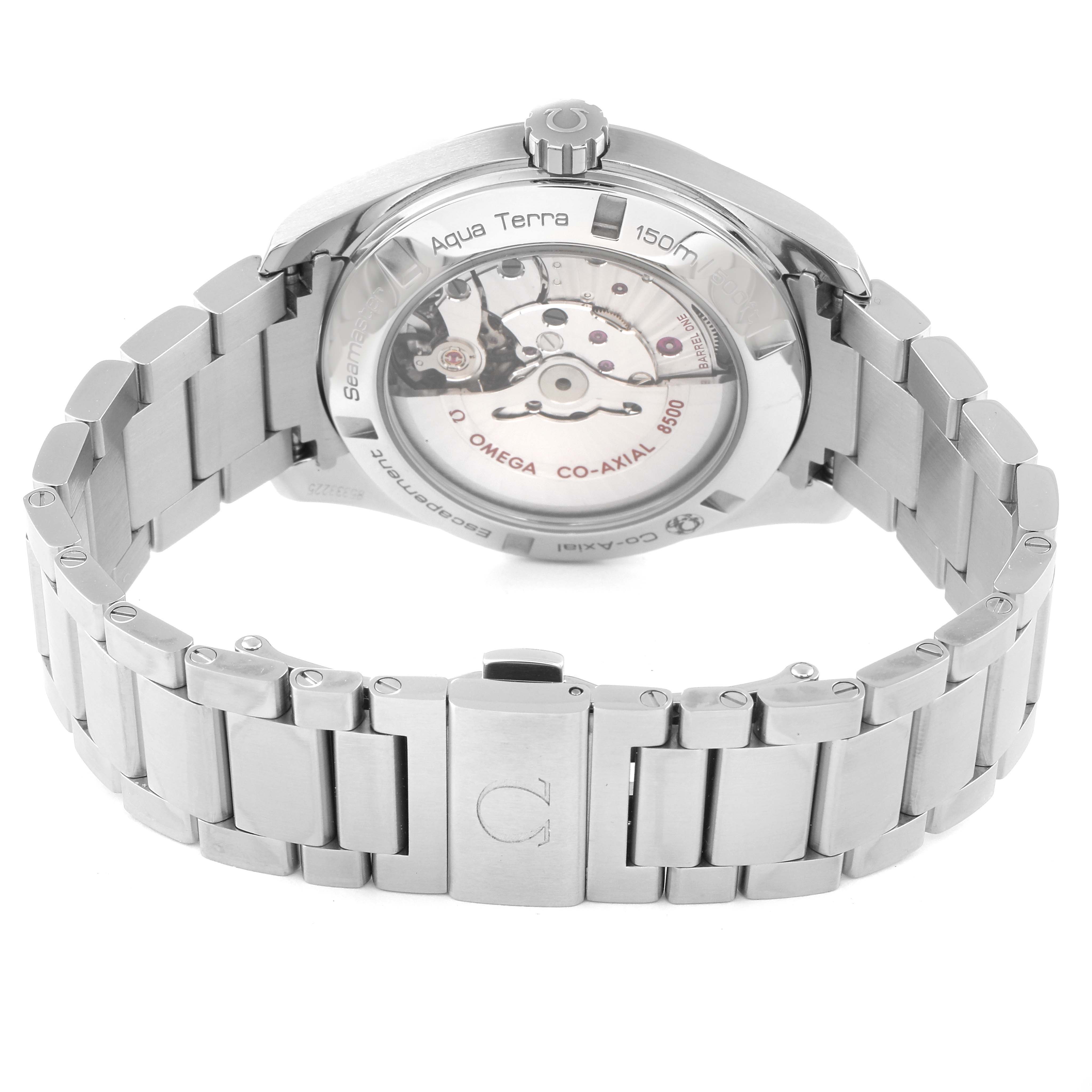 The image shows the back view of an Omega Aqua Terra 231.10.42.21.01.001 Men
s Stainless Steel Black Dial 231.10.42.21.01.001 Men
s Stainless Steel Black Dial watch, highlighting its movement and stainless steel bracelet.