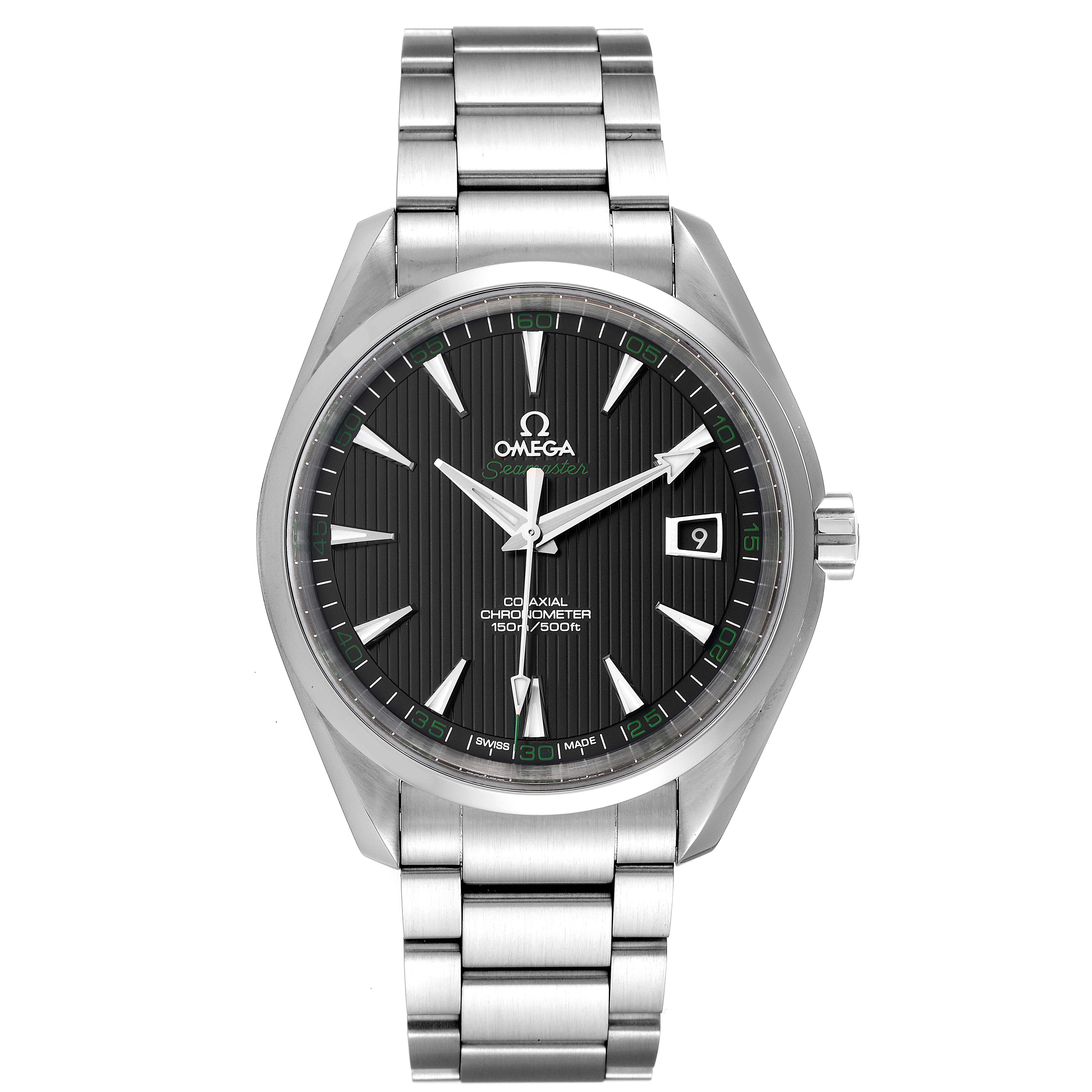 The image shows a front view of an Omega Aqua Terra 231.10.42.21.01.001 Men
s Stainless Steel Black Dial 231.10.42.21.01.001 Men
s Stainless Steel Black Dial watch, highlighting its face, bezel, and bracelet.