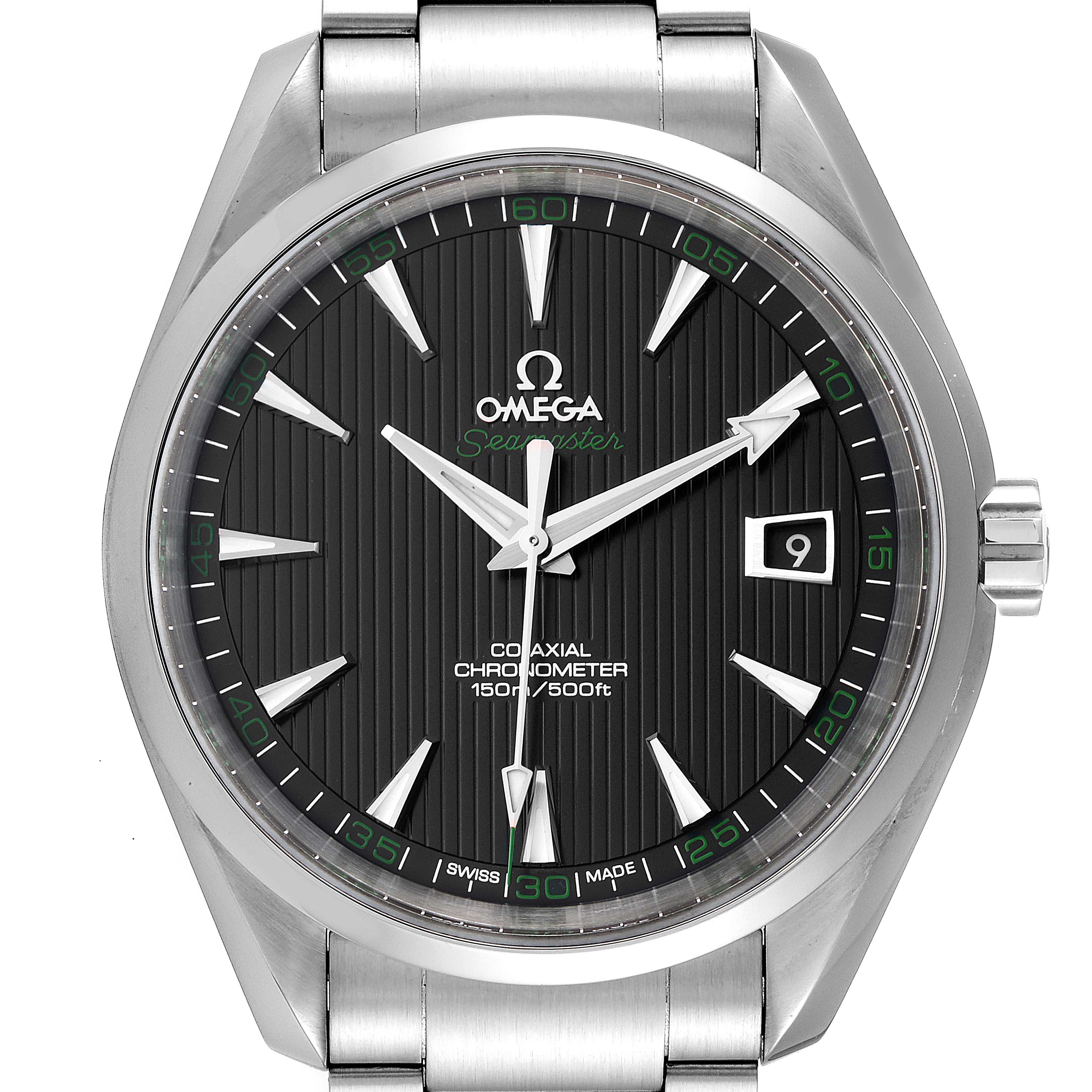 The image shows a front view of an Omega Aqua Terra 231.10.42.21.01.001 Men
s Stainless Steel Black Dial 231.10.42.21.01.001 Men
s Stainless Steel Black Dial watch, highlighting the watch face, dial, and bracelet.