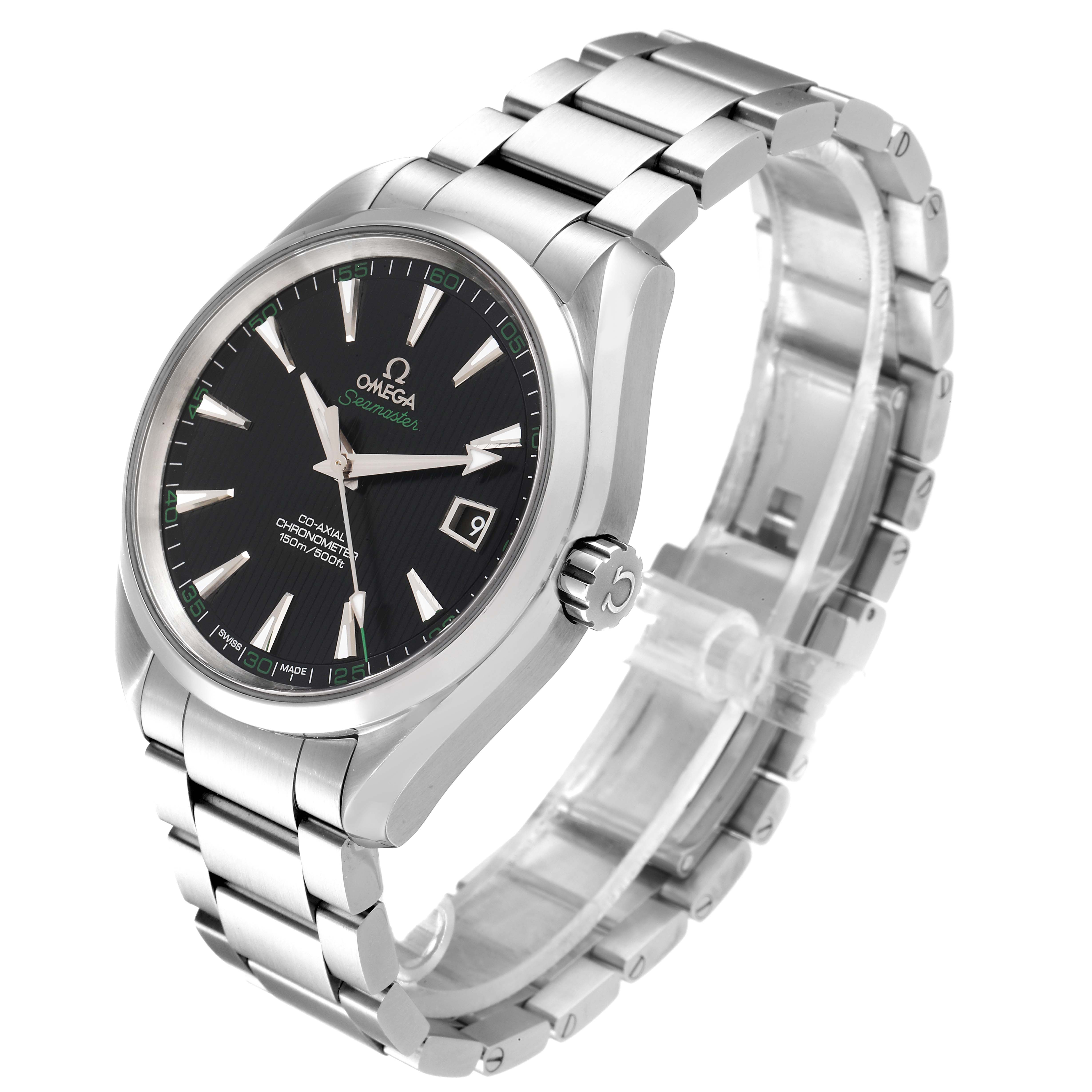 The image shows an angled view of the Omega Aqua Terra 231.10.42.21.01.001 Men
s Stainless Steel Black Dial 231.10.42.21.01.001 Men
s Stainless Steel Black Dial watch, highlighting its stainless steel bracelet, black dial, and crown.