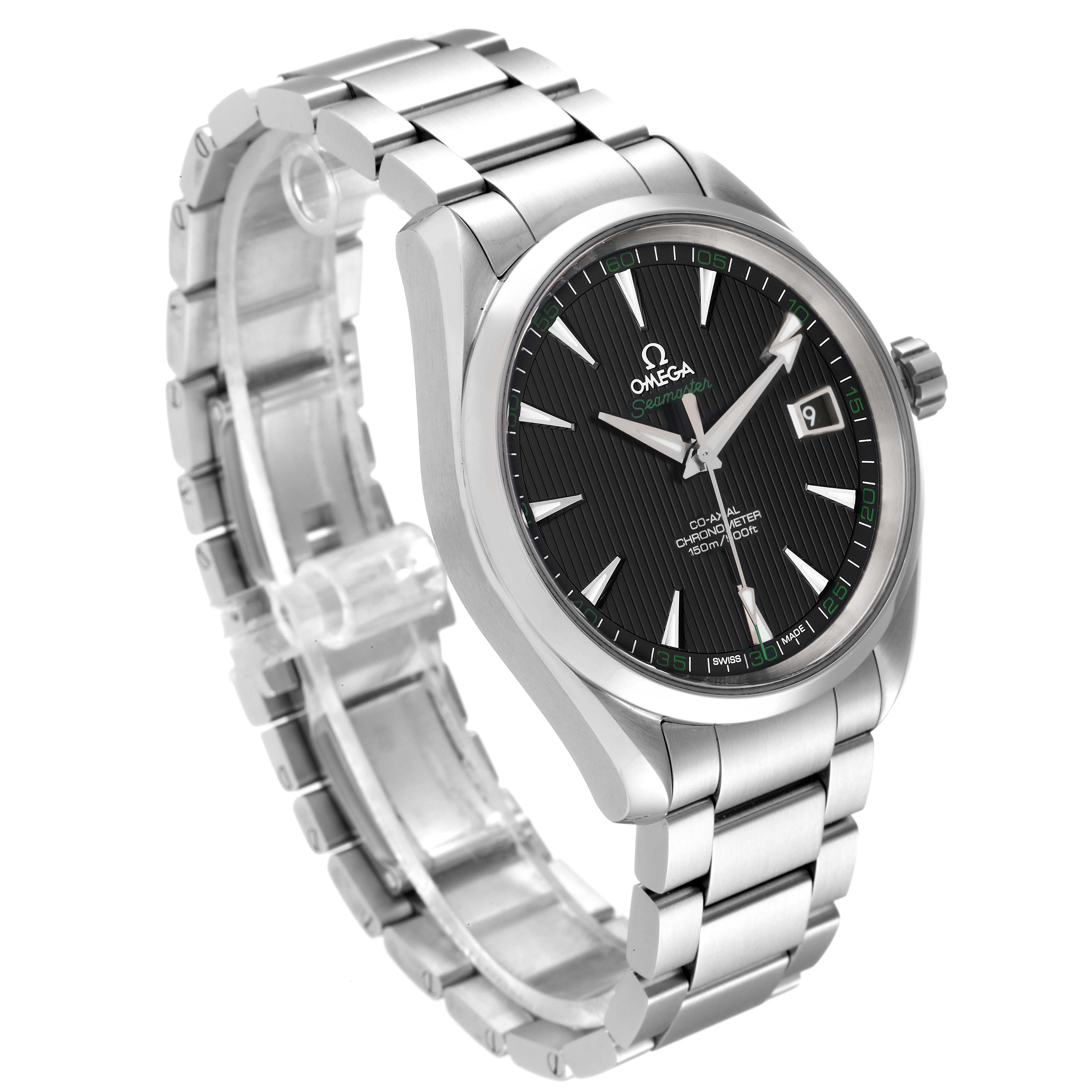 The Omega Aqua Terra 231.10.42.21.01.001 Men
s Stainless Steel Black Dial 231.10.42.21.01.001 Men
s Stainless Steel Black Dial watch is shown at a three-quarter angle, displaying the face, bracelet, and crown.