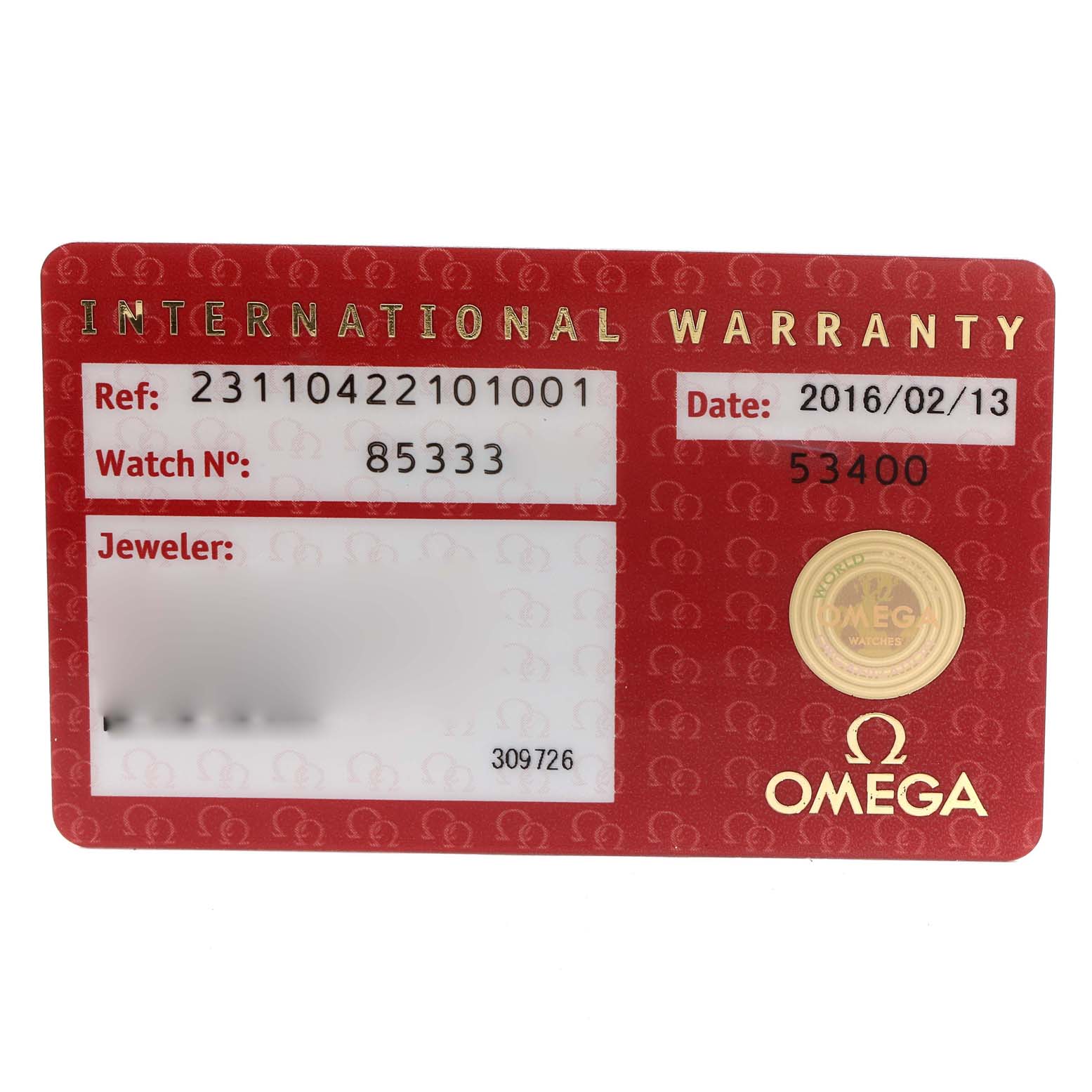 The image shows the international warranty card for the Omega Aqua Terra 231.10.42.21.01.001 Men
s Stainless Steel Black Dial 231.10.42.21.01.001 Men
s Stainless Steel Black Dial model watch.