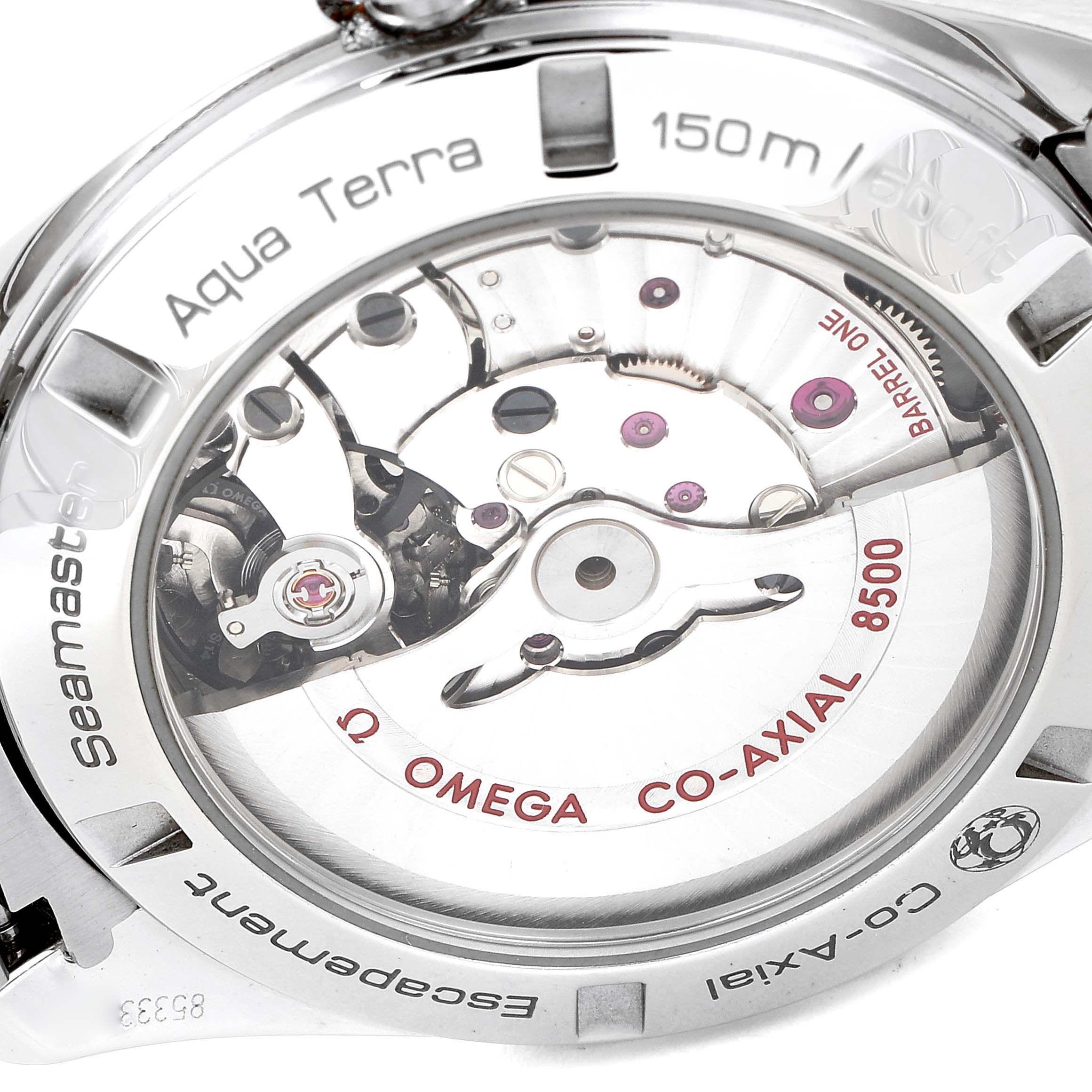 The image shows the back view of the Omega Aqua Terra 231.10.42.21.01.001 Men
s Stainless Steel Black Dial 231.10.42.21.01.001 Men
s Stainless Steel Black Dial watch, highlighting its inner mechanisms and co-axial movement.