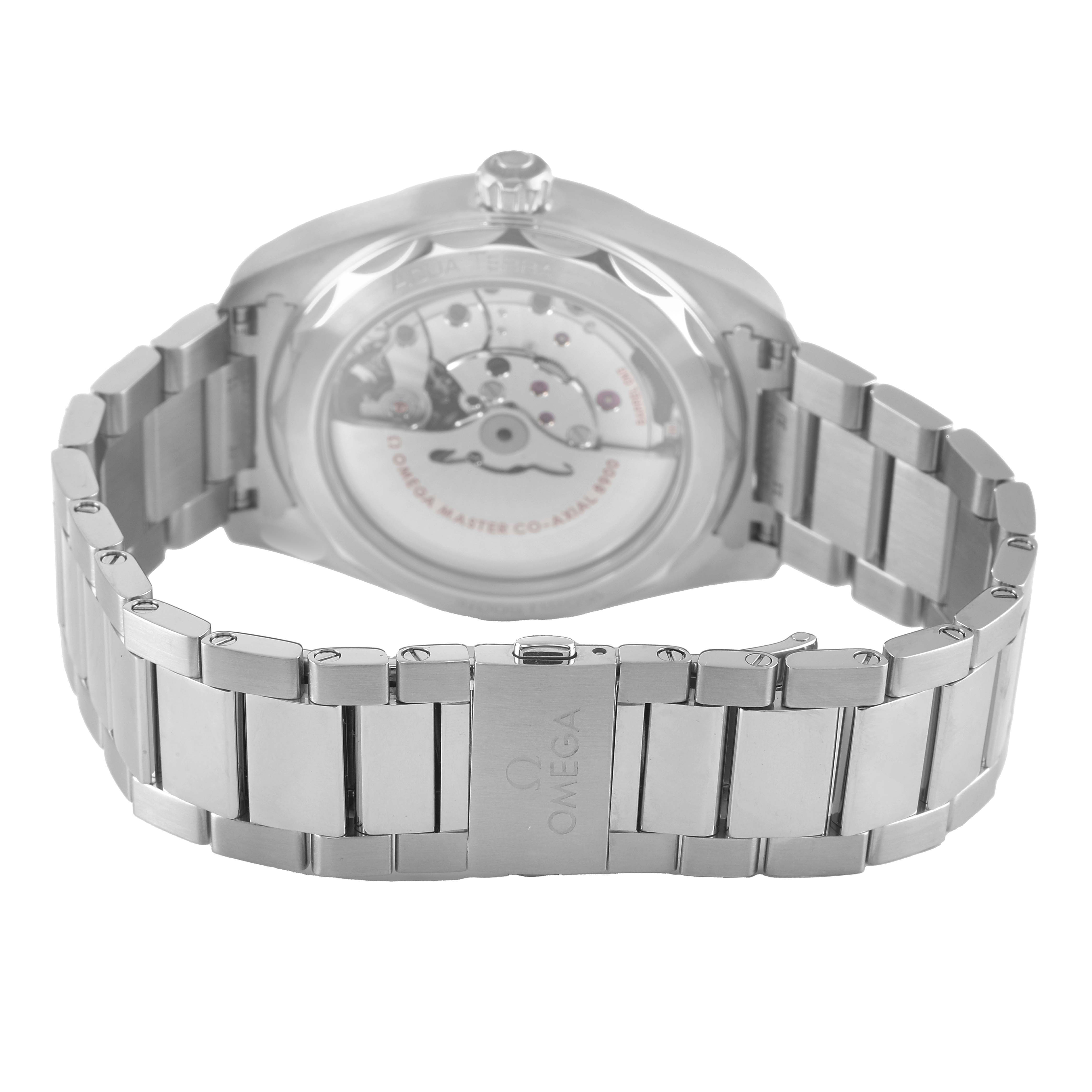 The image shows the back and bracelet of an Omega Aqua Terra 220.10.41.21.10.001 Men's Stainless Steel Green Dial watch, highlighting its transparent case back and metal links.