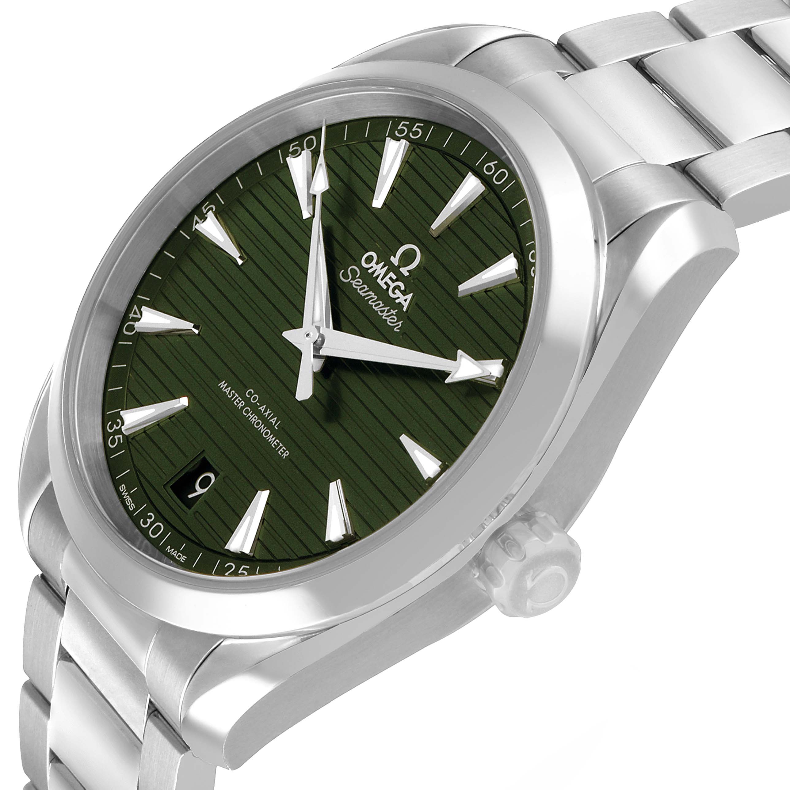 The Omega Aqua Terra 220.10.41.21.10.001 Men's Stainless Steel Green Dial watch is shown at a three-quarter angle, highlighting the face, bezel, crown, and bracelet.