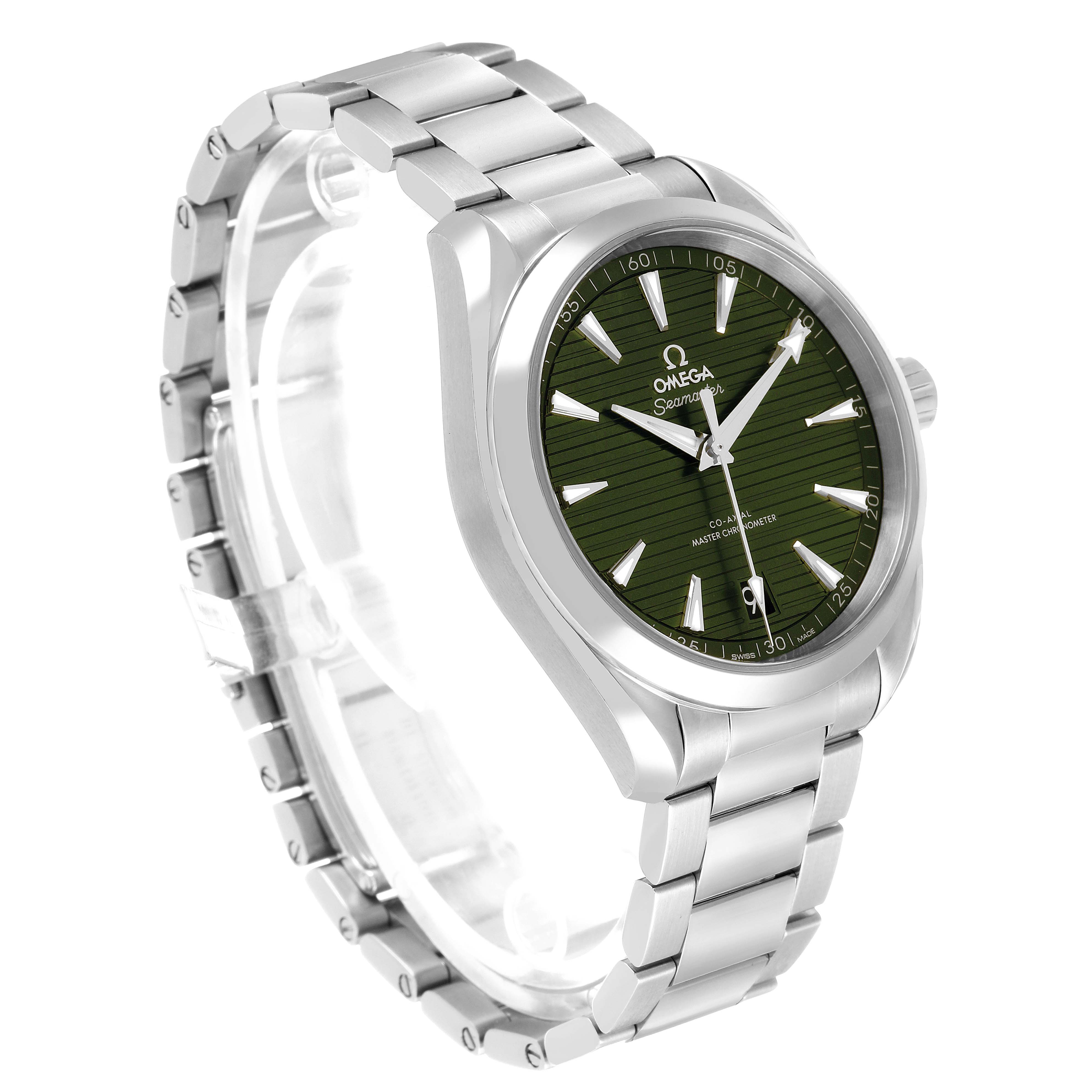 The Omega Aqua Terra 220.10.41.21.10.001 Men's Stainless Steel Green Dial watch is shown at a slight angle, displaying the green dial, case, and metal bracelet.