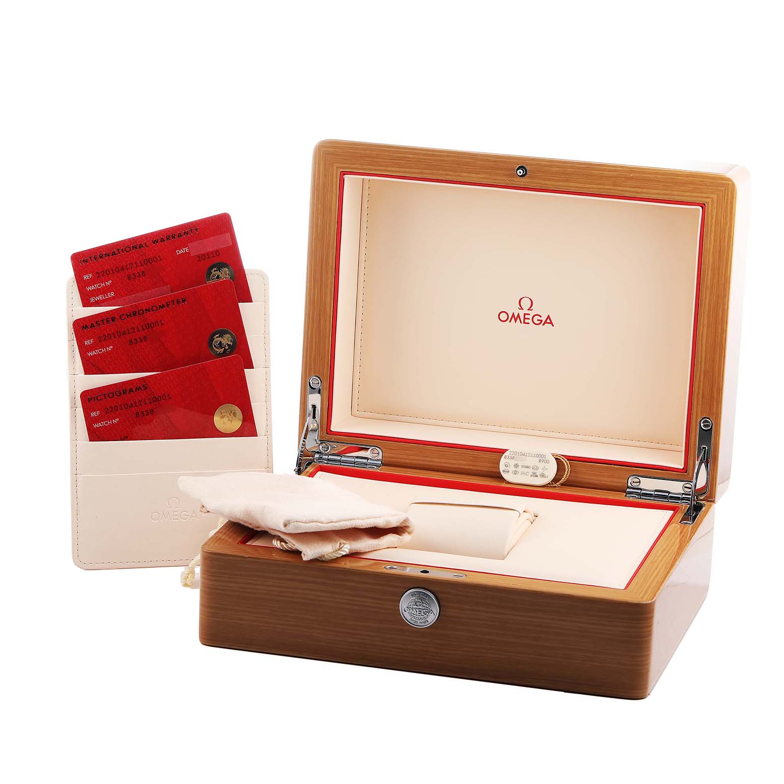 The image shows the Omega Aqua Terra 220.10.41.21.10.001 Men's Stainless Steel Green Dial watch box, open, with cards and a pouch visible inside.