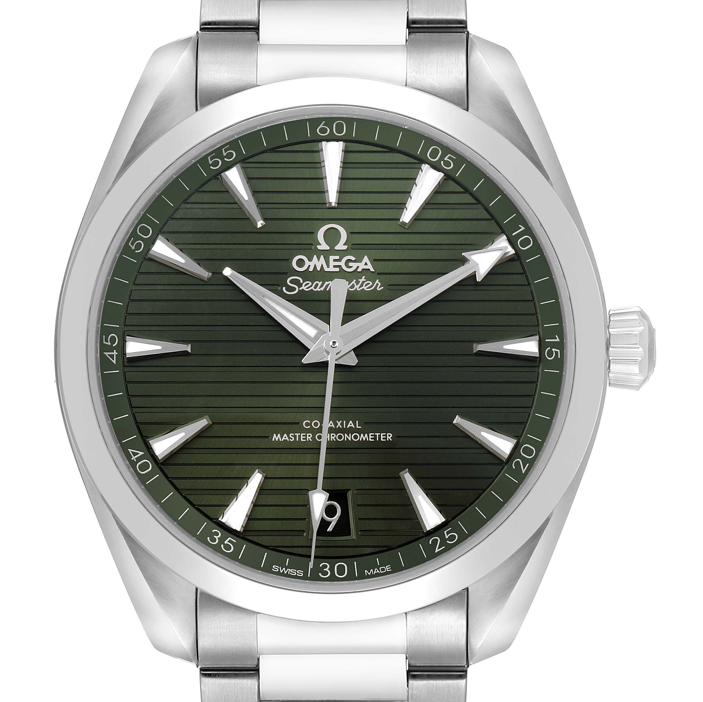 The Omega Aqua Terra 220.10.41.21.10.001 Men's Stainless Steel Green Dial watch is shown from a front angle, highlighting its green dial, silver indices, hands, and date window.