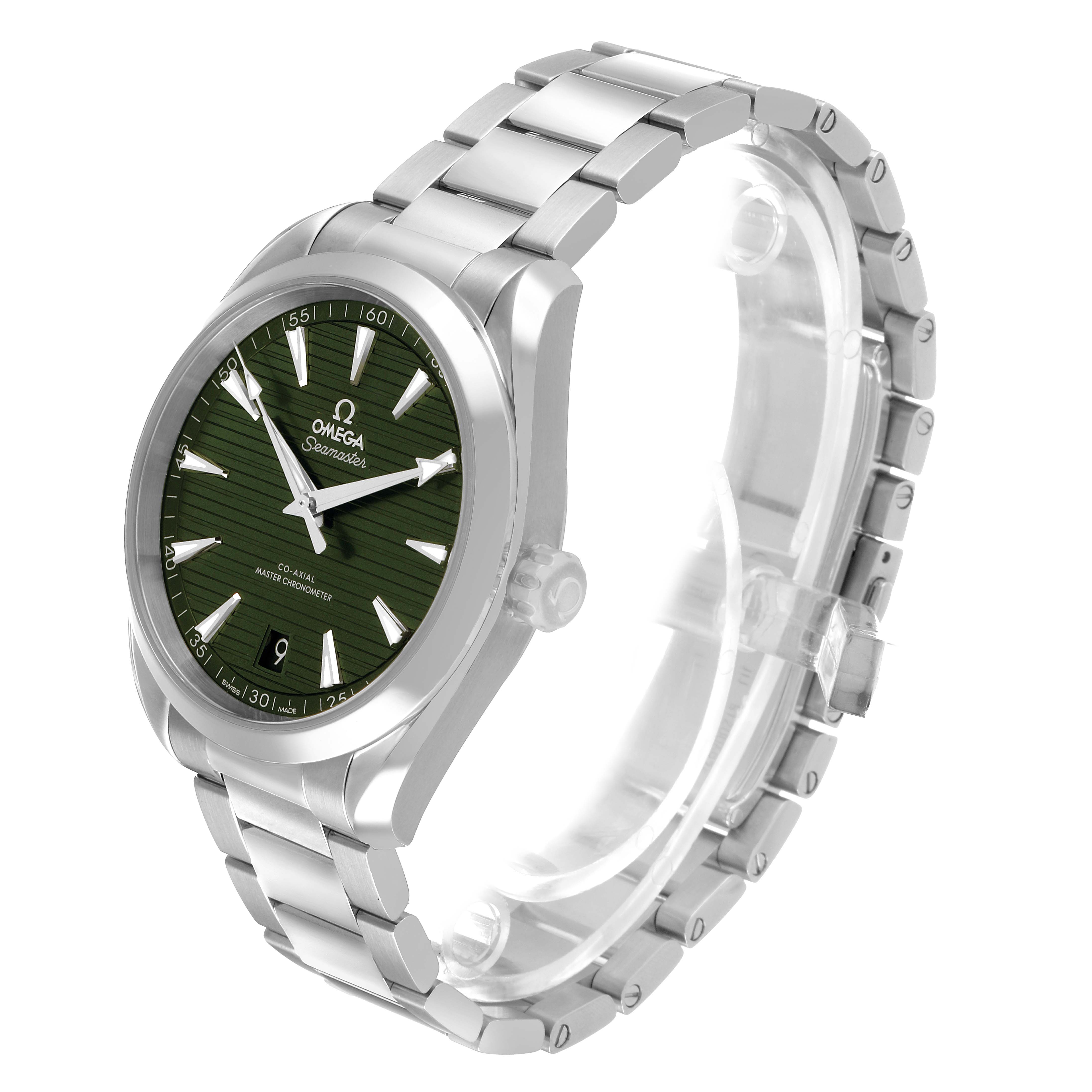 The Omega Aqua Terra 220.10.41.21.10.001 Men's Stainless Steel Green Dial watch is shown at a three-quarter angle, highlighting the green dial, silver bracelet, and case.