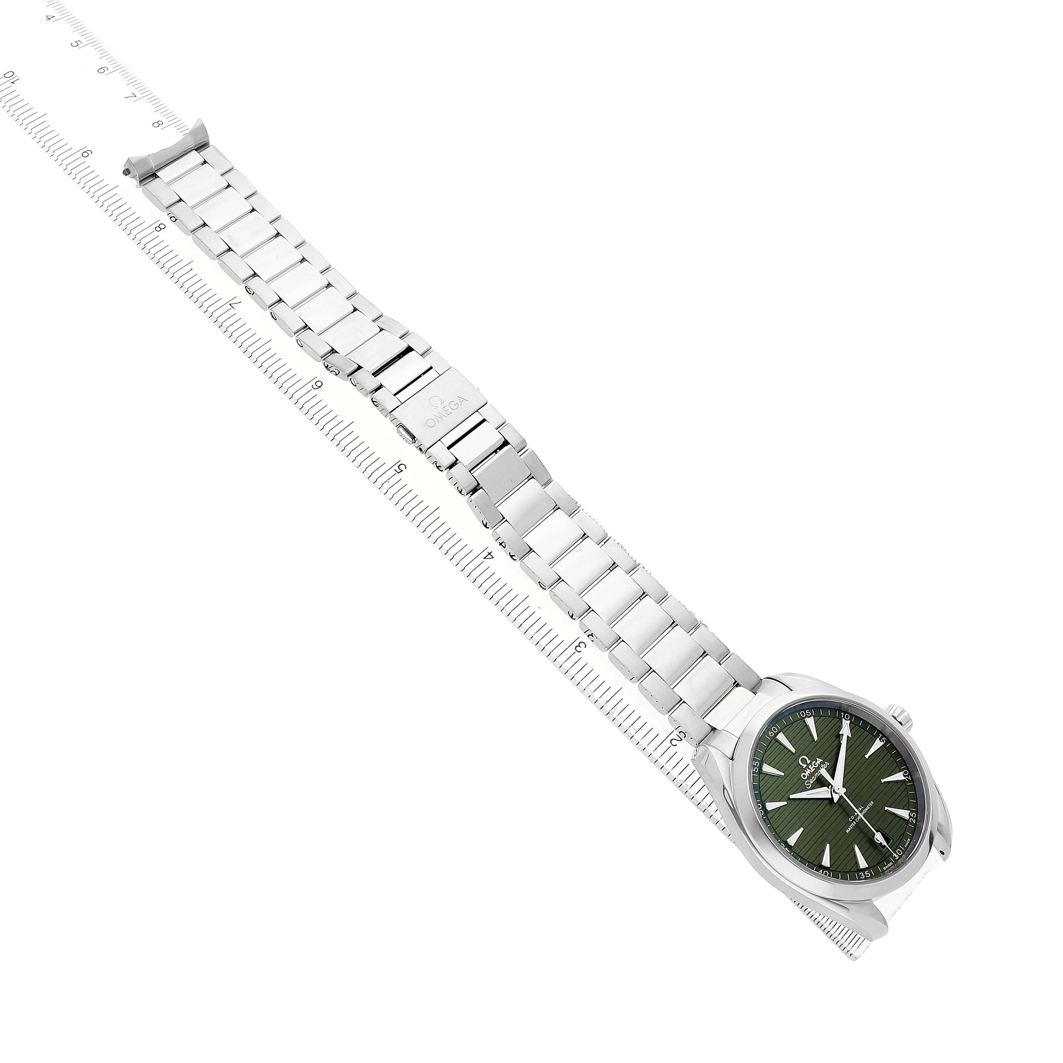 The Omega Aqua Terra 220.10.41.21.10.001 Men's Stainless Steel Green Dial watch is shown from an overhead angle, highlighting its dial, bracelet, and clasp.