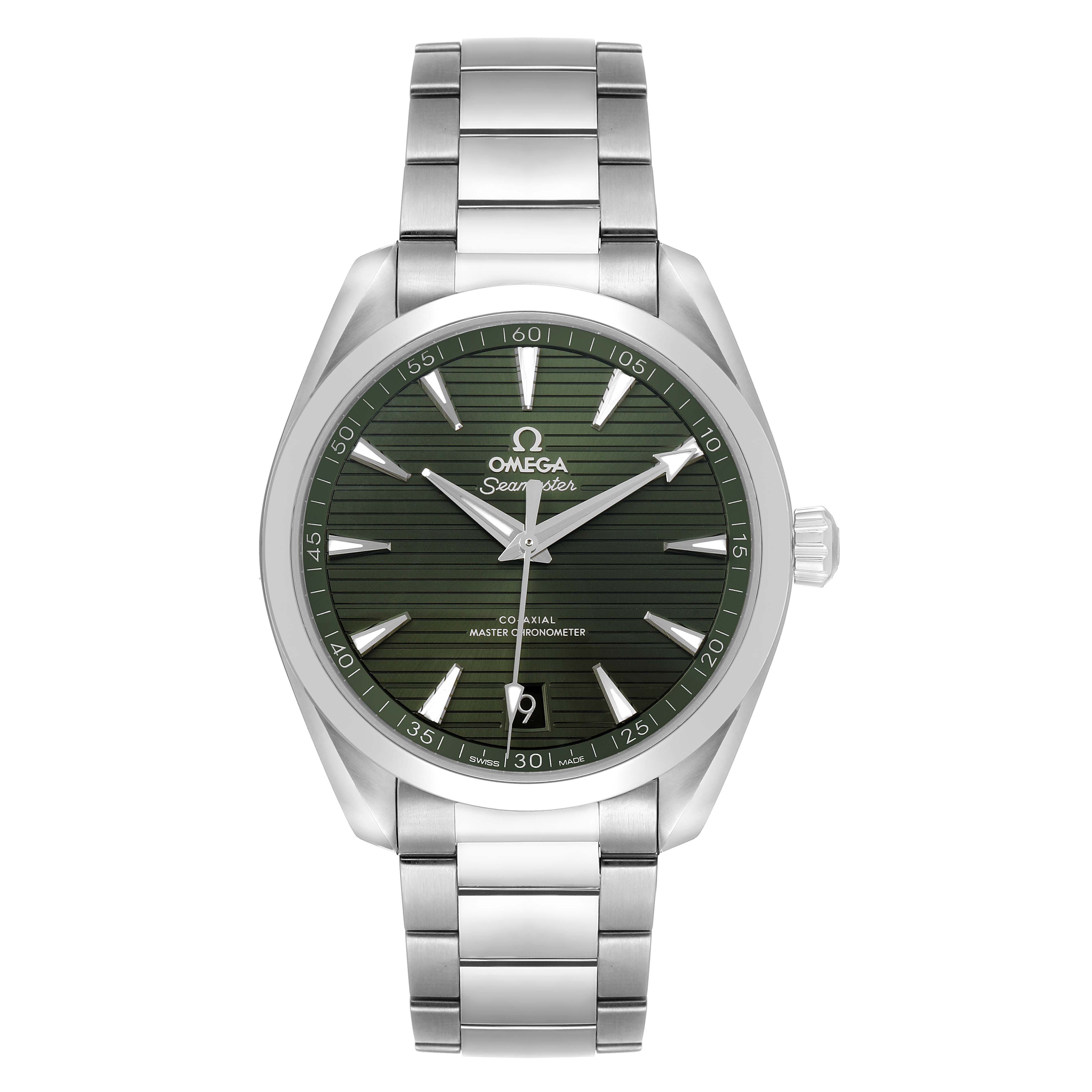The Omega Aqua Terra 220.10.41.21.10.001 Men's Stainless Steel Green Dial watch is shown from a front angle, displaying its green dial, silver hands, markers, and bracelet.