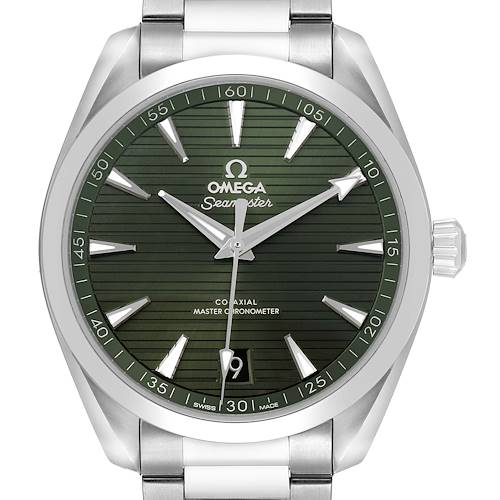 The Omega Aqua Terra 220.10.41.21.10.001 Men's Stainless Steel Green Dial watch is shown from a front angle, highlighting its green dial, silver markers, hands, and stainless steel bracelet.