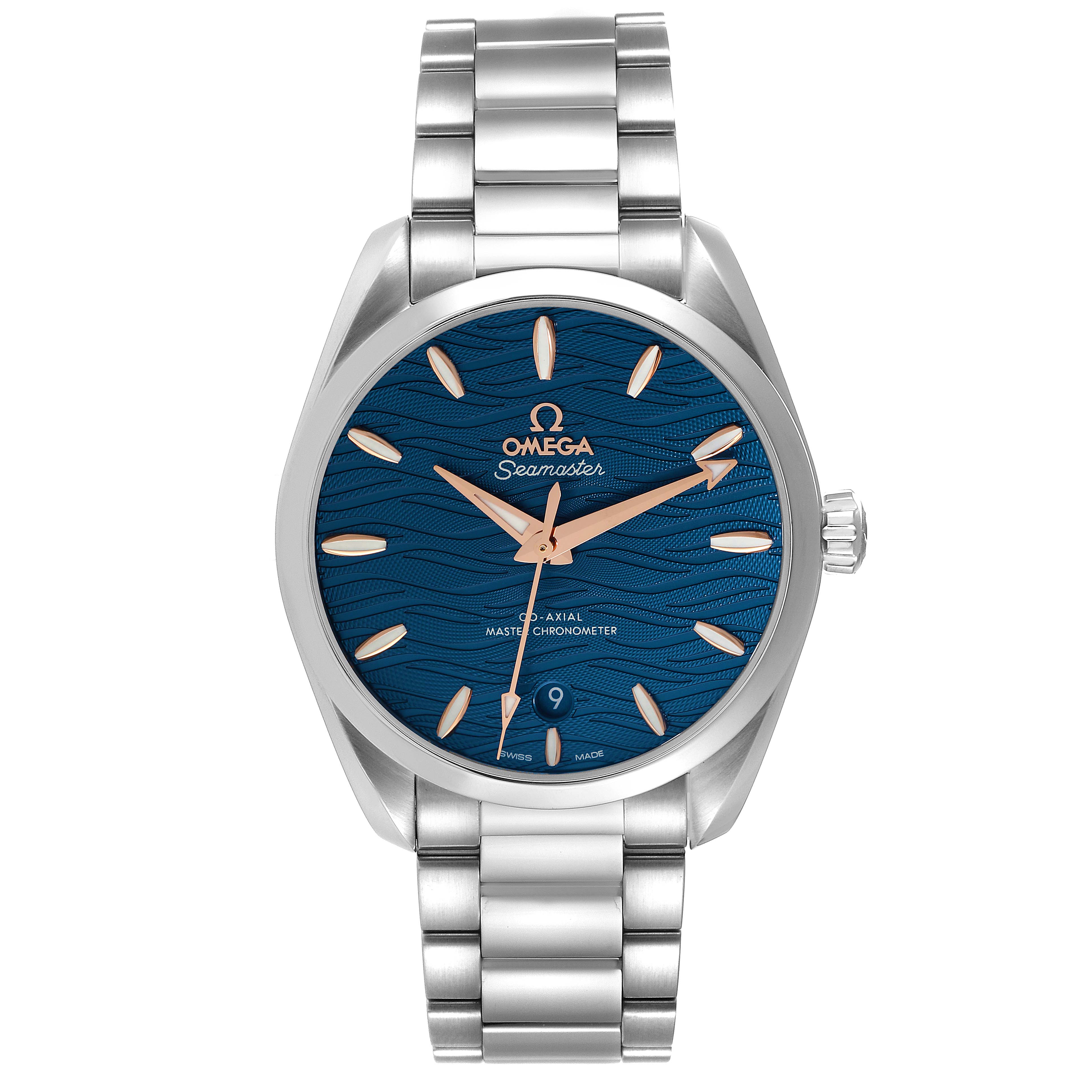 This is a front view of the Omega Aqua Terra 220.10.38.20.03.002 Men
s Stainless Steel Blue Dial 220.10.38.20.03.002 Men
s Stainless Steel Blue Dial watch, showing the blue dial, stainless steel case, and bracelet.