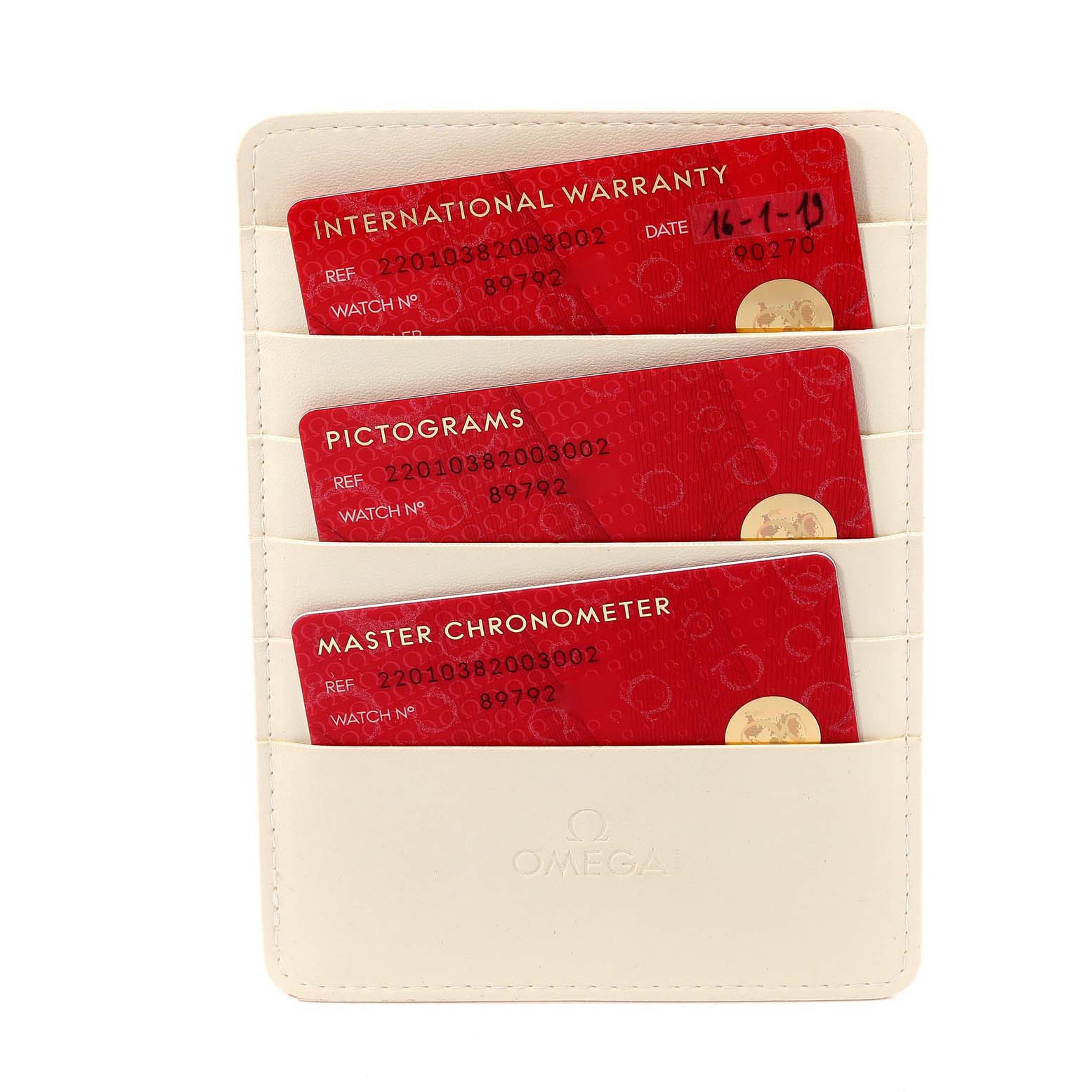 This image shows the warranty and certification cards for the Omega Aqua Terra 220.10.38.20.03.002 Men
s Stainless Steel Blue Dial 220.10.38.20.03.002 Men
s Stainless Steel Blue Dial watch, contained in an Omega branded holder.