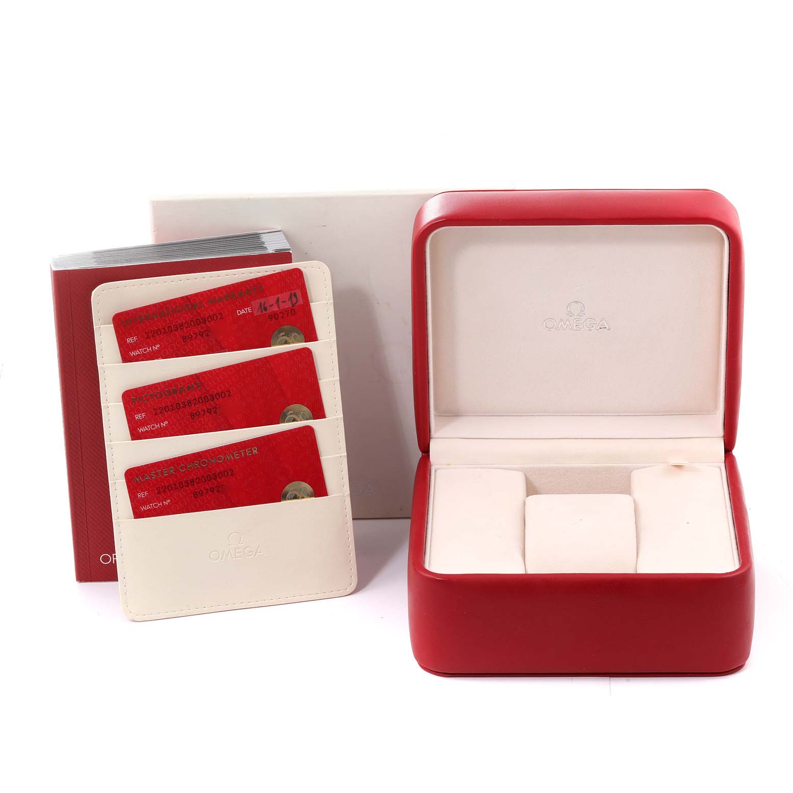 The image shows the packaging and accessories for an Omega Aqua Terra 220.10.38.20.03.002 Men
s Stainless Steel Blue Dial 220.10.38.20.03.002 Men
s Stainless Steel Blue Dial model, including the box and warranty cards.