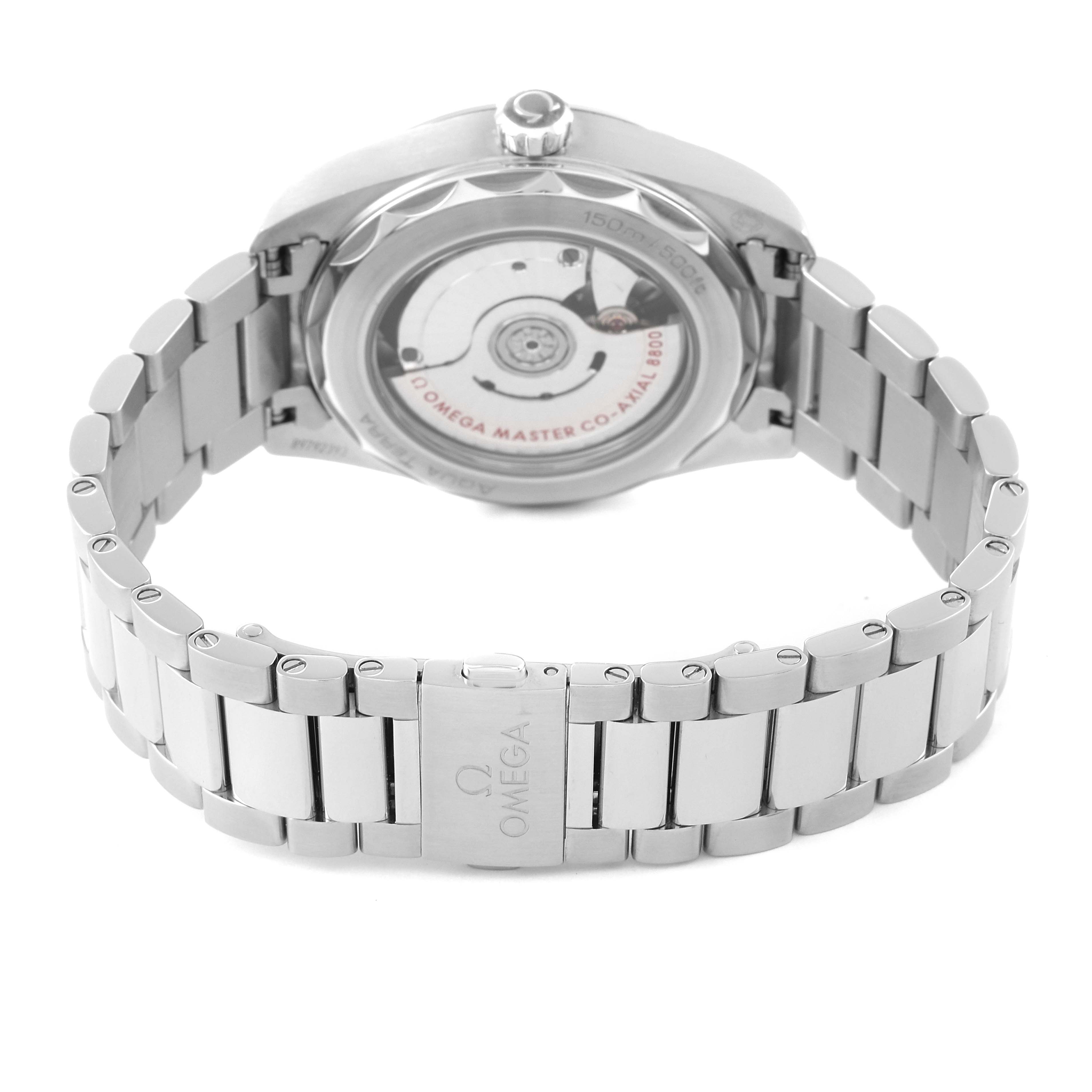 The image shows the back and bracelet clasp of an Omega Aqua Terra 220.10.38.20.03.002 Men
s Stainless Steel Blue Dial 220.10.38.20.03.002 Men
s Stainless Steel Blue Dial watch, highlighting the movement and stainless steel bracelet.