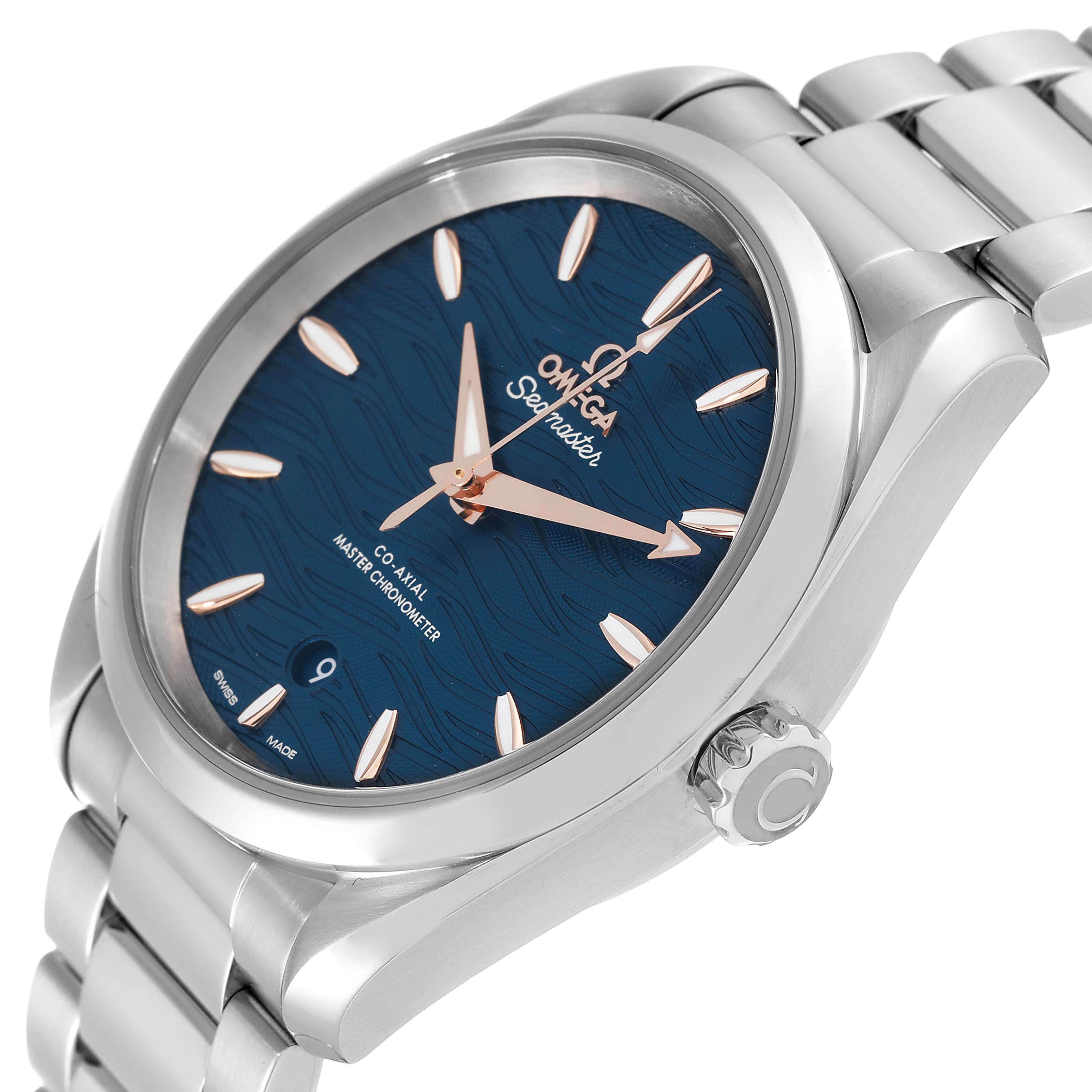 The image shows an Omega Aqua Terra 220.10.38.20.03.002 Men
s Stainless Steel Blue Dial 220.10.38.20.03.002 Men
s Stainless Steel Blue Dial watch at an oblique angle, highlighting its blue dial, silver bracelet, and crown.