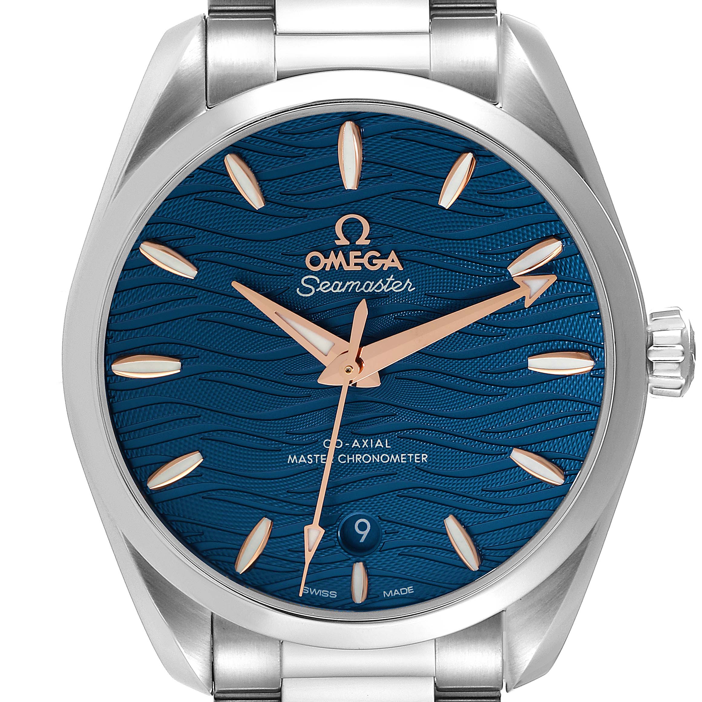 This is a front view of the Omega Aqua Terra 220.10.38.20.03.002 Men
s Stainless Steel Blue Dial 220.10.38.20.03.002 Men
s Stainless Steel Blue Dial, showcasing its blue dial, rose gold hands, and stainless steel case and bracelet.