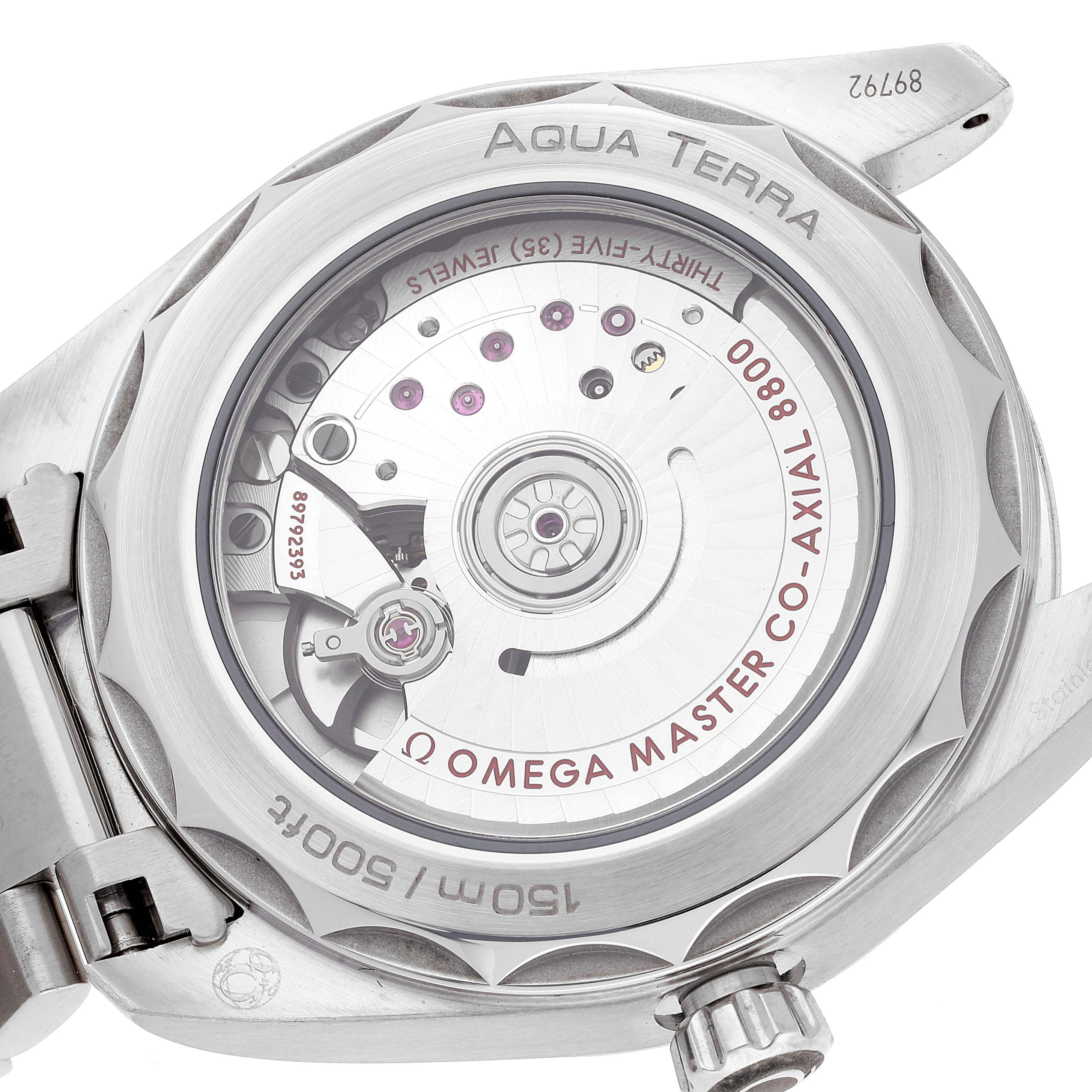 The image shows the back view of the Omega Aqua Terra 220.10.38.20.03.002 Men
s Stainless Steel Blue Dial 220.10.38.20.03.002 Men
s Stainless Steel Blue Dial watch, highlighting its exposed movement and engravings.