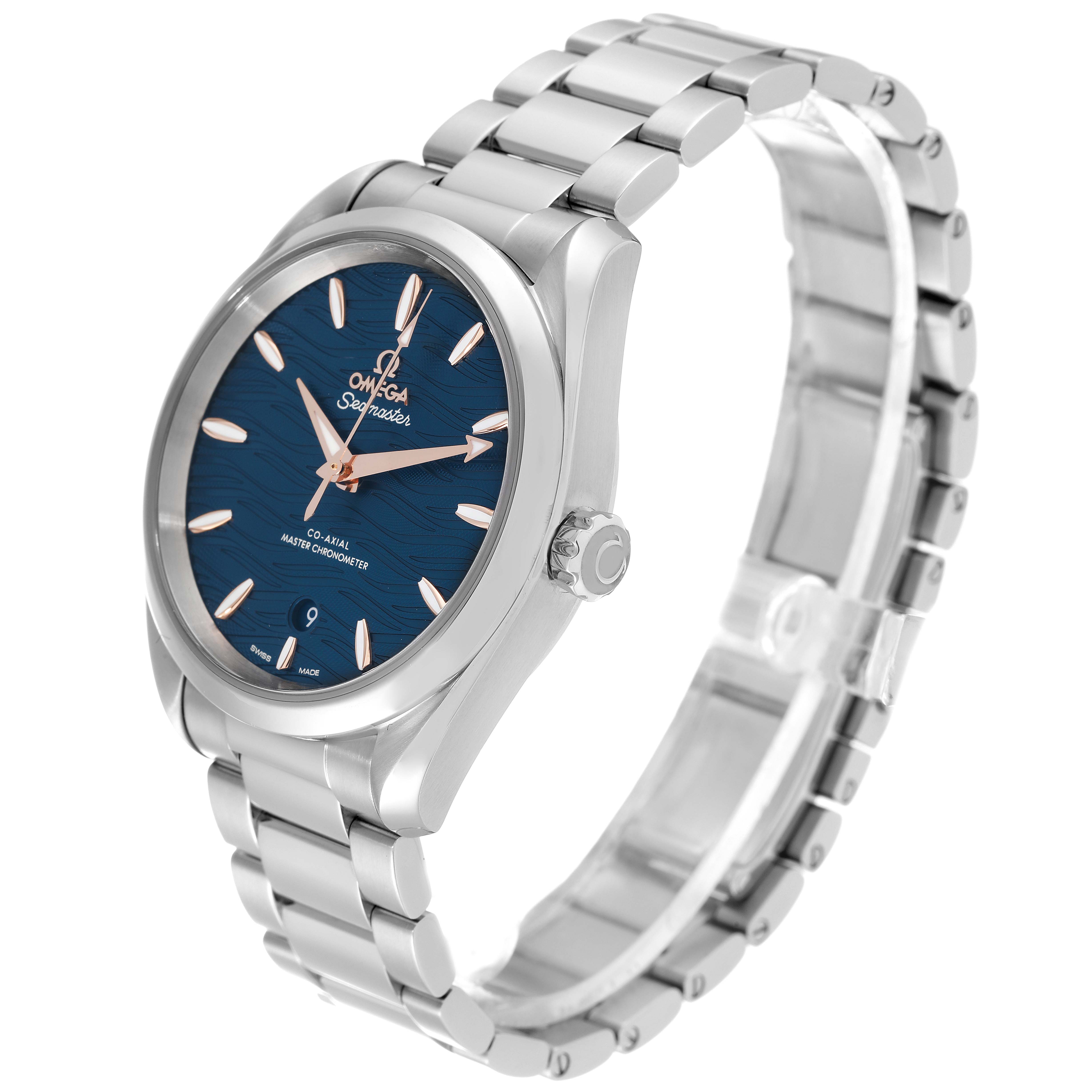 The Omega Aqua Terra 220.10.38.20.03.002 Men
s Stainless Steel Blue Dial 220.10.38.20.03.002 Men
s Stainless Steel Blue Dial watch is shown at a three-quarter angle, displaying its dial, bracelet, and crown.