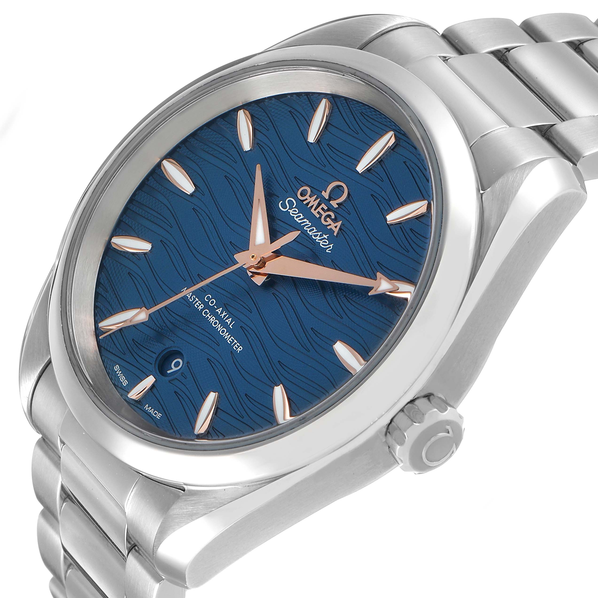 The Omega Aqua Terra 220.10.38.20.03.002 Men's Stainless Steel Blue Dial watch is shown from a three-quarter angle, displaying the blue dial, hands, markers, bezel, and part of the bracelet.
