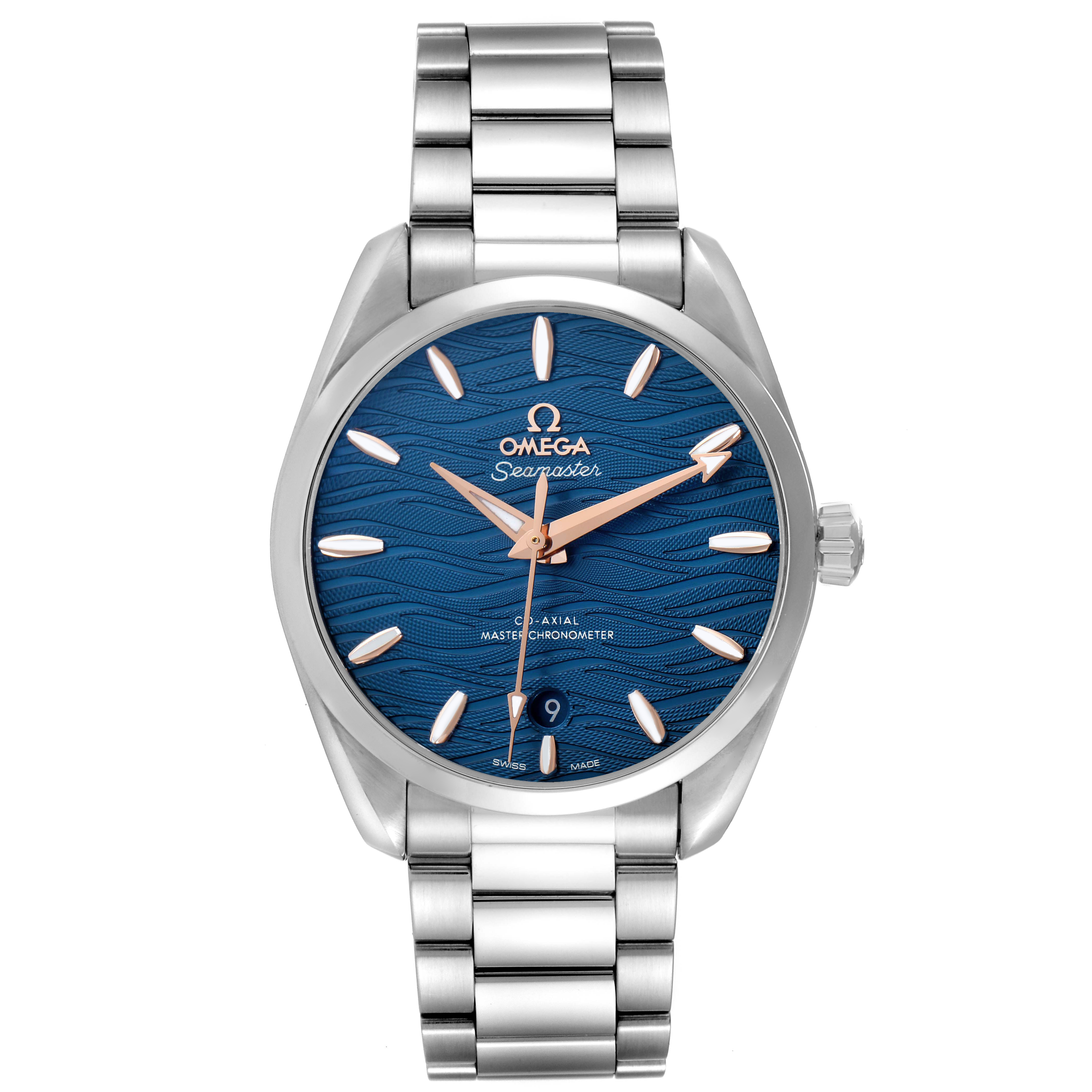 The Omega Aqua Terra 220.10.38.20.03.002 Men's Stainless Steel Blue Dial watch is shown from a front angle, highlighting the blue dial, hands, hour markers, and stainless steel bracelet.