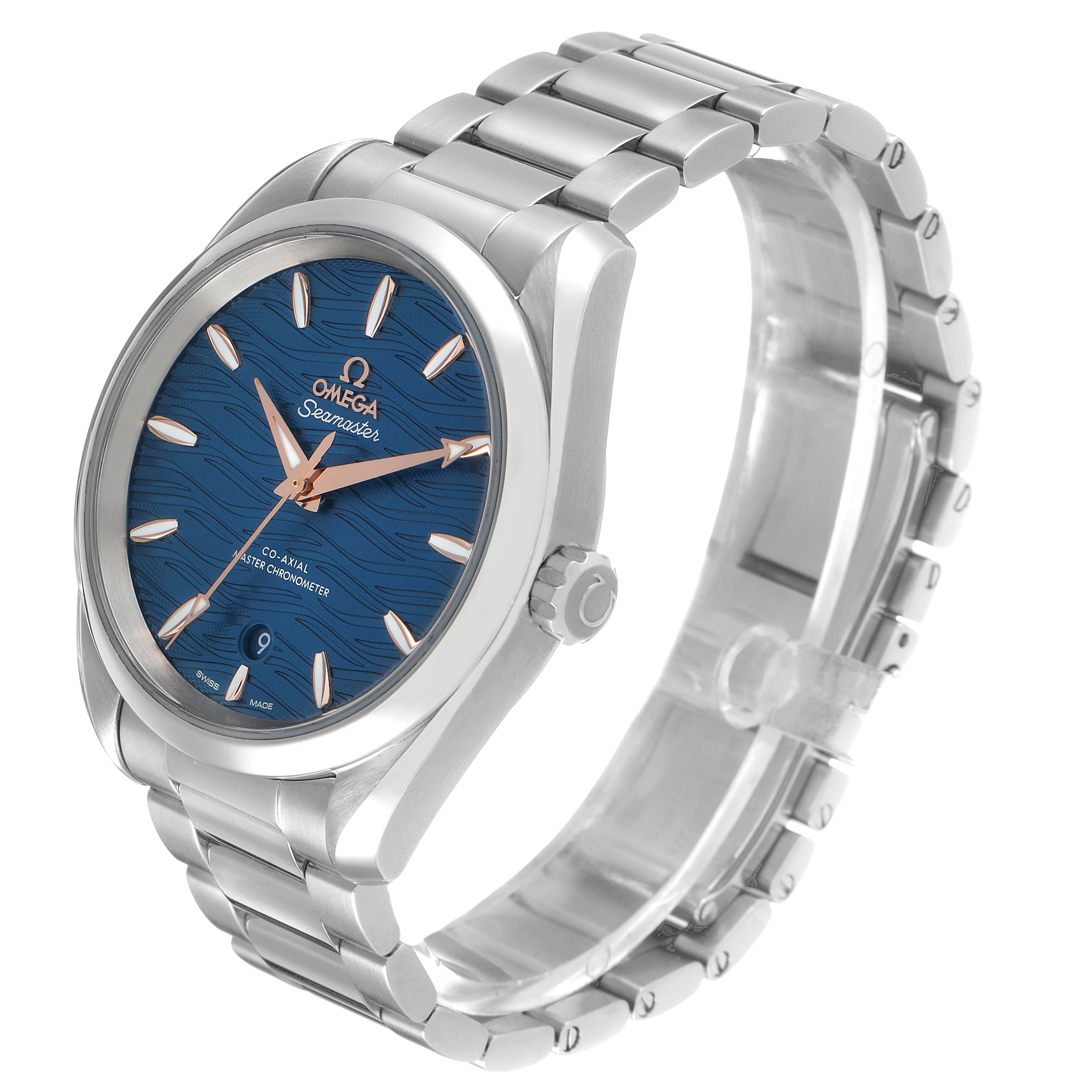 The Omega Aqua Terra 220.10.38.20.03.002 Men's Stainless Steel Blue Dial watch is shown at an angled side view, featuring its blue dial, metal bracelet, and crown.