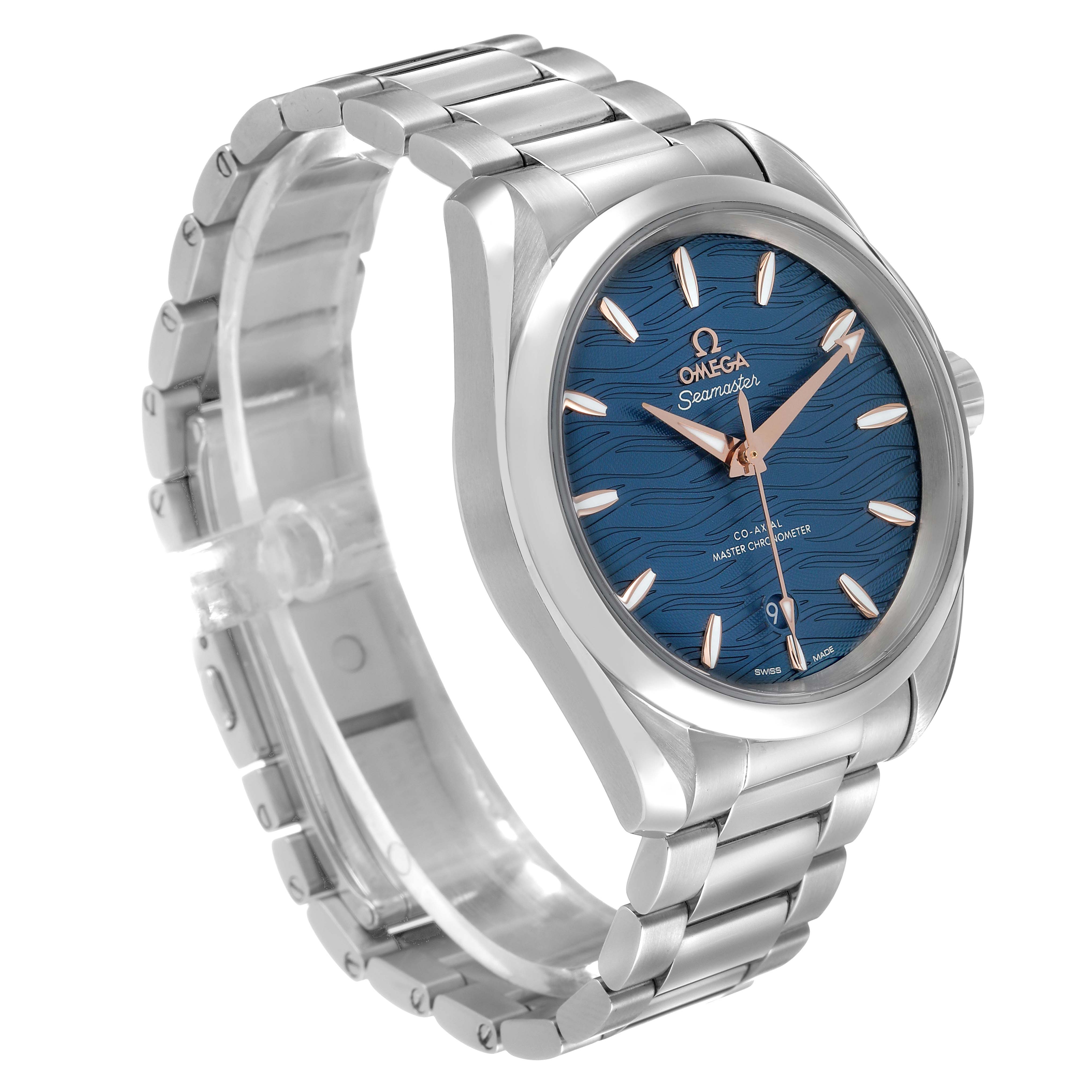 The Omega Aqua Terra 220.10.38.20.03.002 Men's Stainless Steel Blue Dial watch is shown at a three-quarter angle, highlighting its blue dial, stainless steel case, and bracelet.