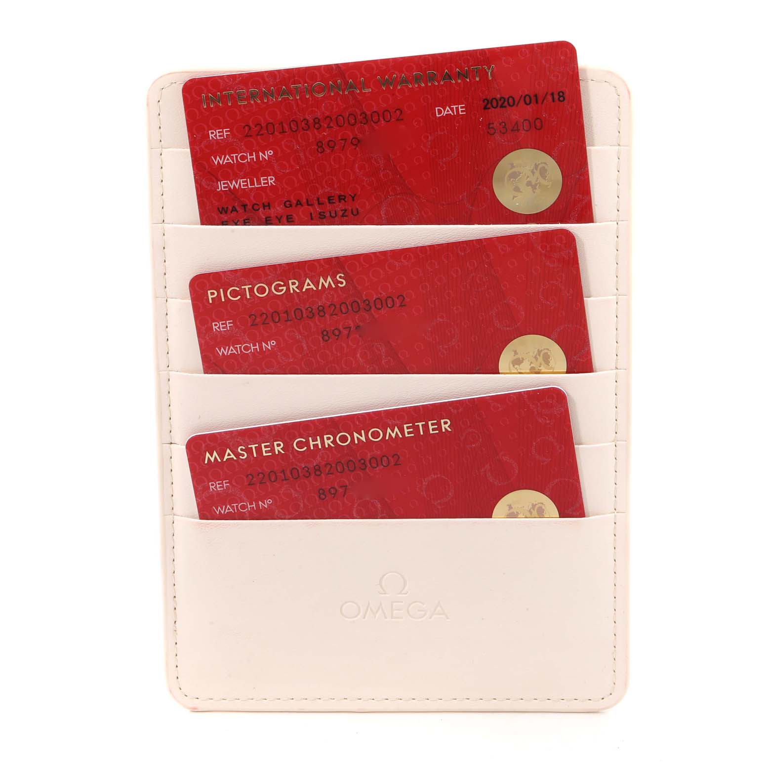 The image shows warranty and certification cards in a holder for the Omega Aqua Terra 220.10.38.20.03.002 Men's Stainless Steel Blue Dial watch model.