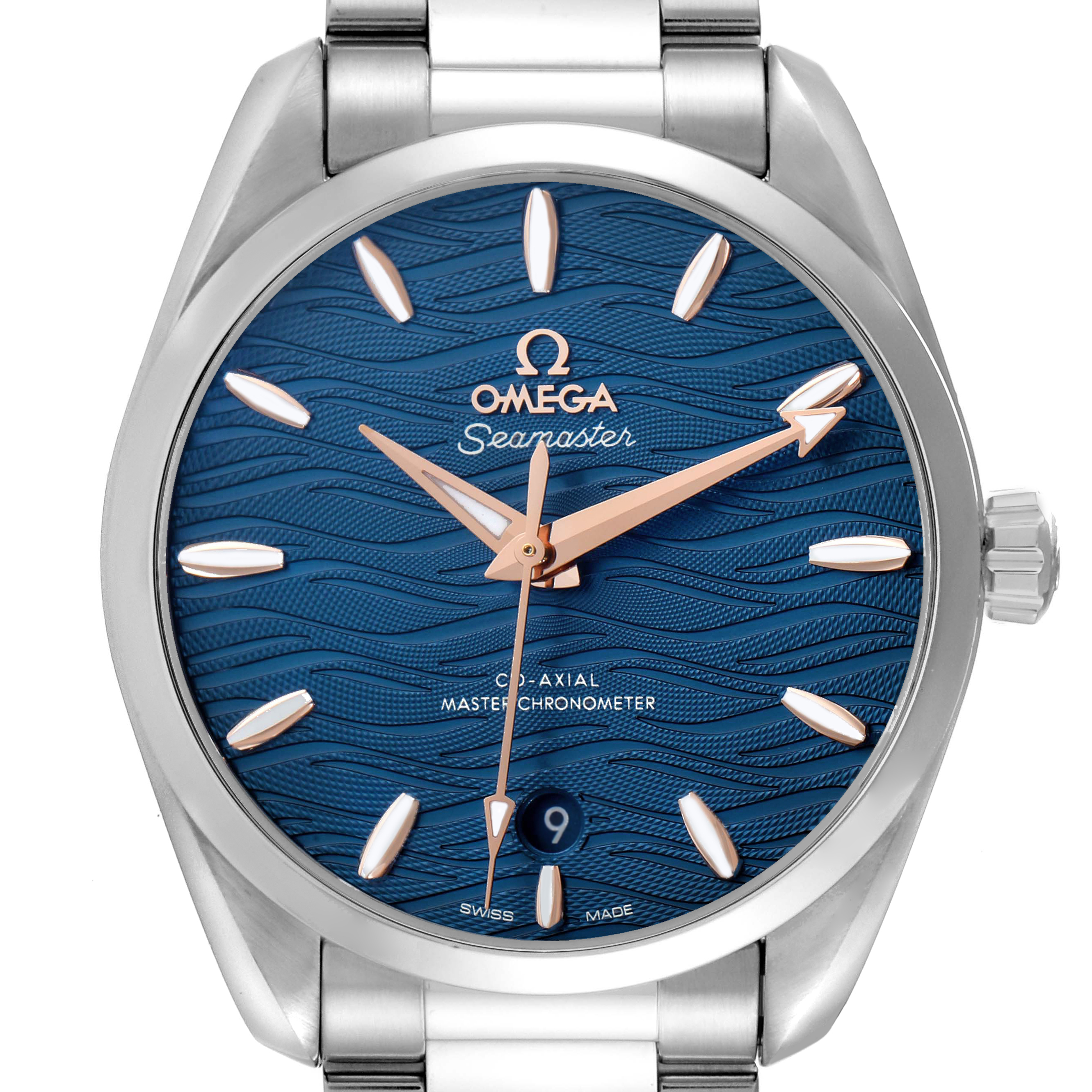 The Omega Aqua Terra 220.10.38.20.03.002 Men's Stainless Steel Blue Dial watch is shown from a front angle, displaying its blue wave-patterned dial and silver bracelet.